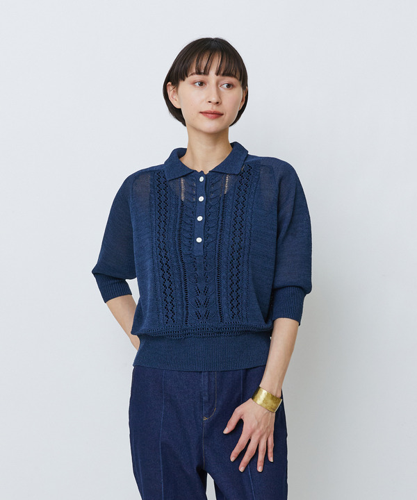 エステル和紙透かし柄ポロニット 詳細画像 ネイビー 1