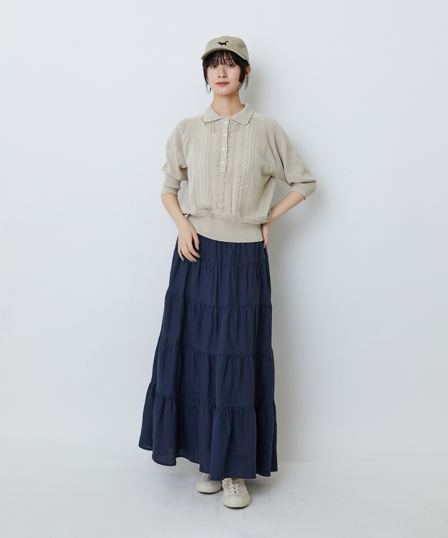 【LOISIR】エステル和紙透かし柄ポロニット 詳細画像 ネイビー 1