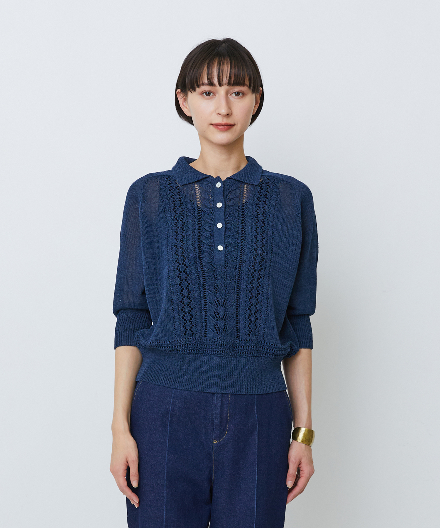 【LOISIR】エステル和紙透かし柄ポロニット 詳細画像 ネイビー 10