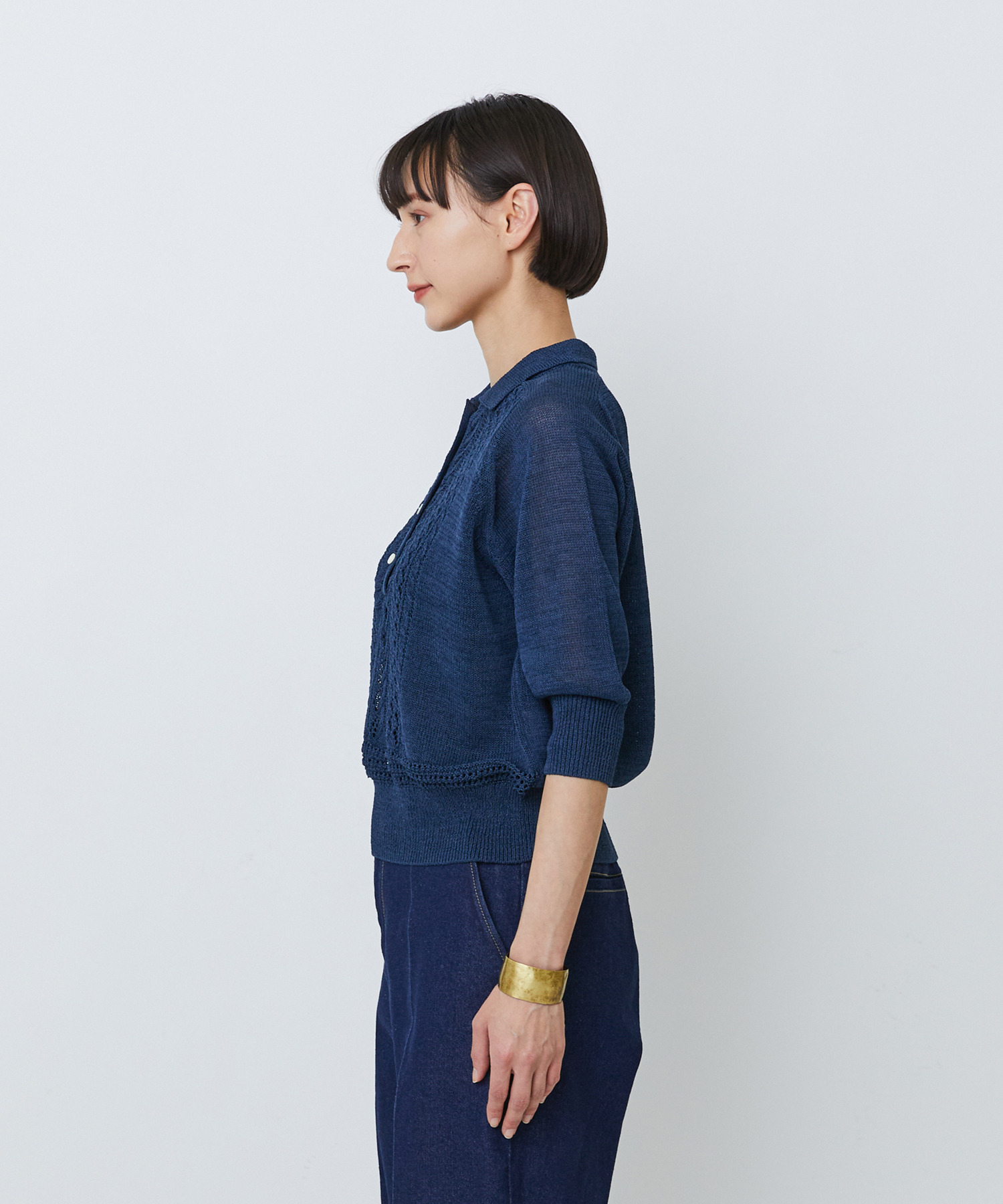 【LOISIR】エステル和紙透かし柄ポロニット 詳細画像 ネイビー 11