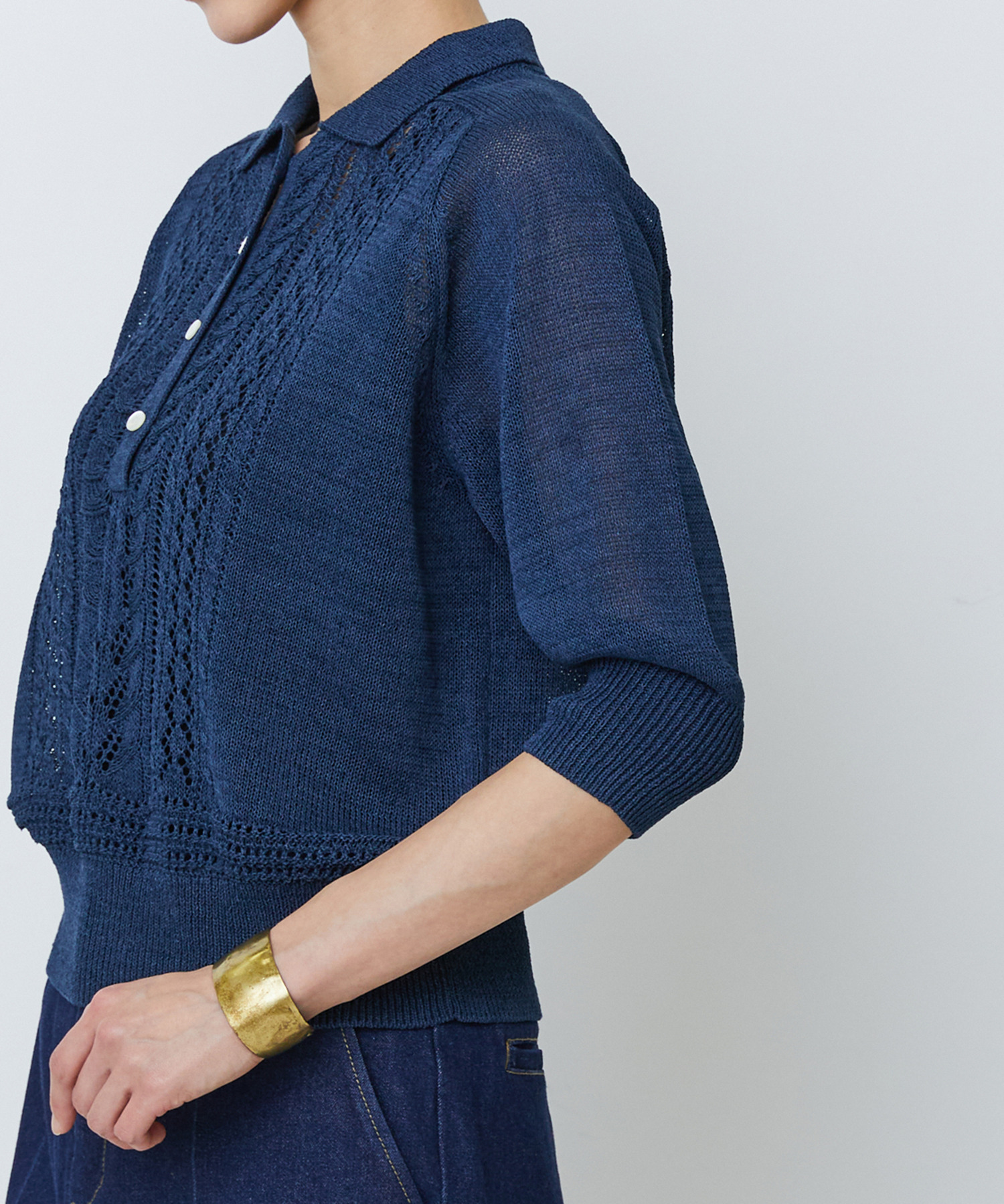 【LOISIR】エステル和紙透かし柄ポロニット 詳細画像 ネイビー 15