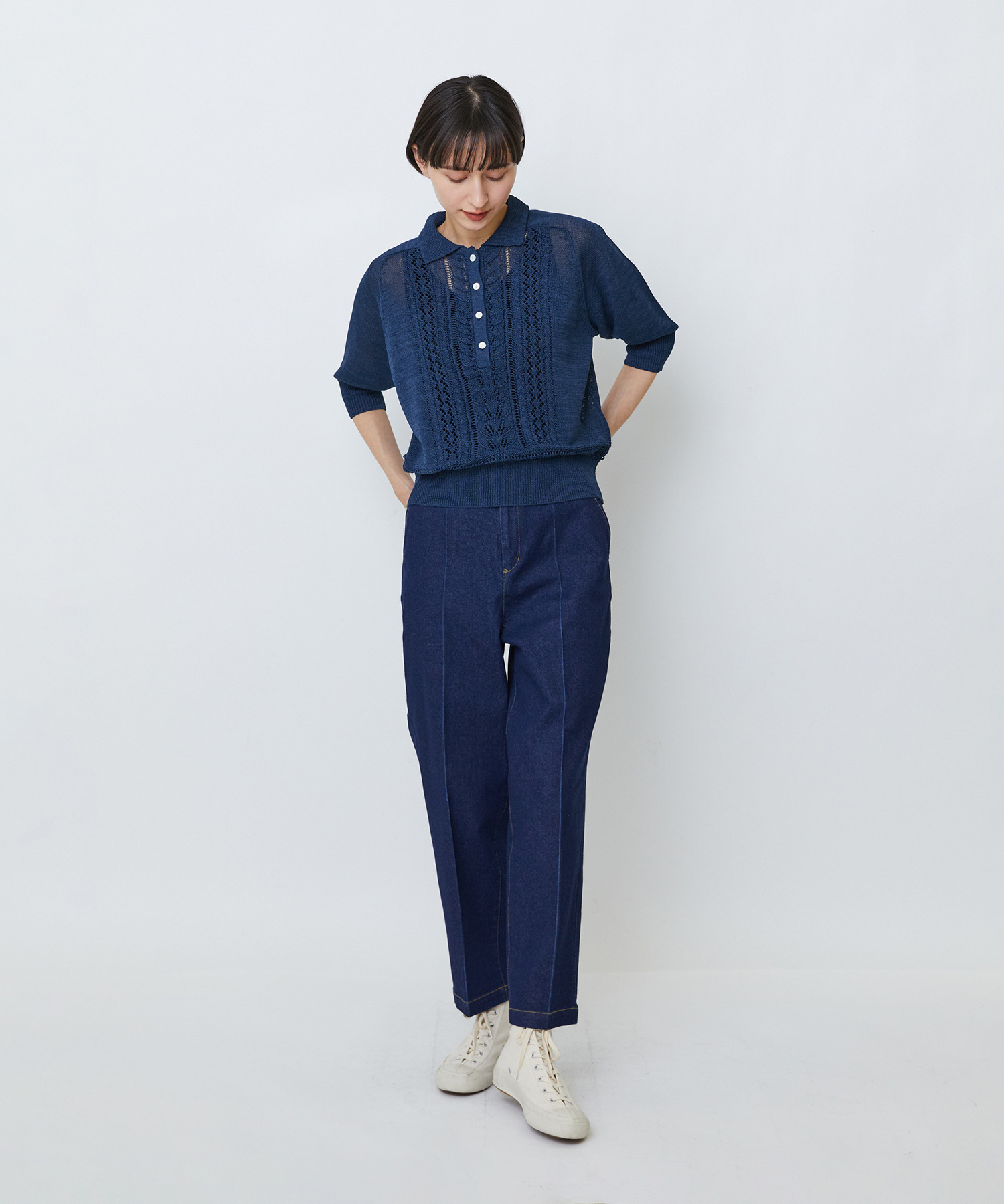 【LOISIR】エステル和紙透かし柄ポロニット 詳細画像 ネイビー 4