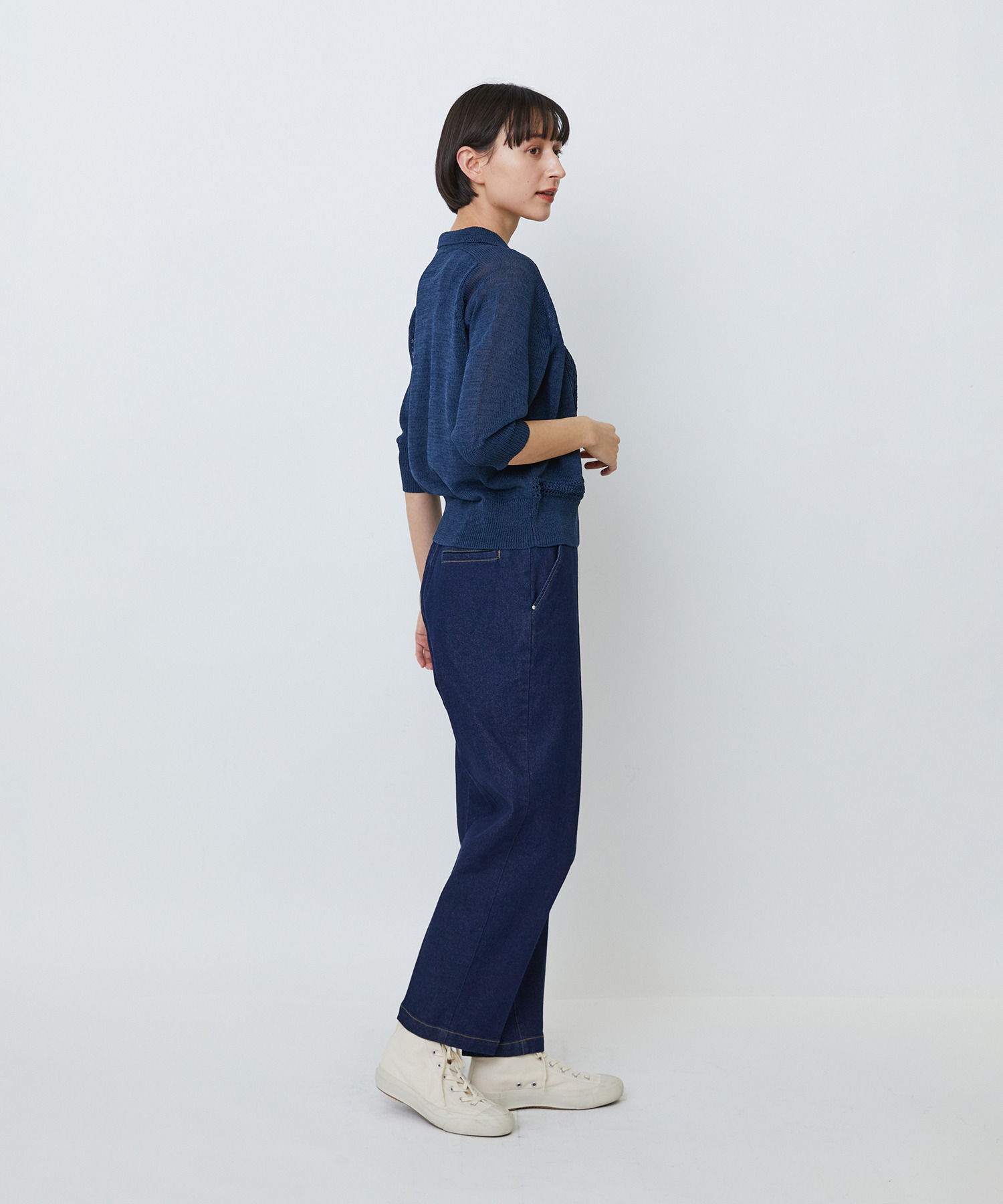 【LOISIR】エステル和紙透かし柄ポロニット 詳細画像 ネイビー 5