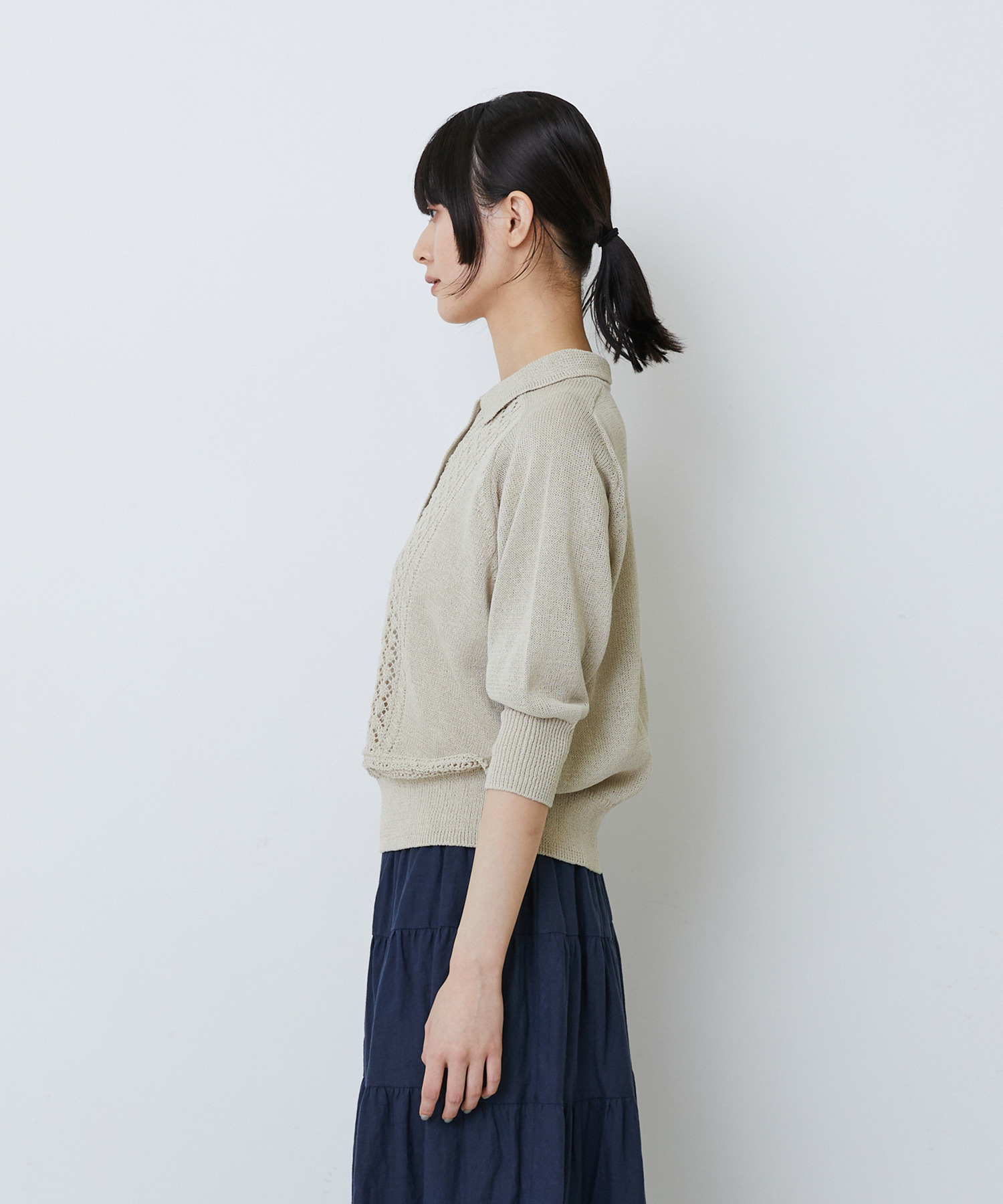 【LOISIR】エステル和紙透かし柄ポロニット 詳細画像 ネイビー 8