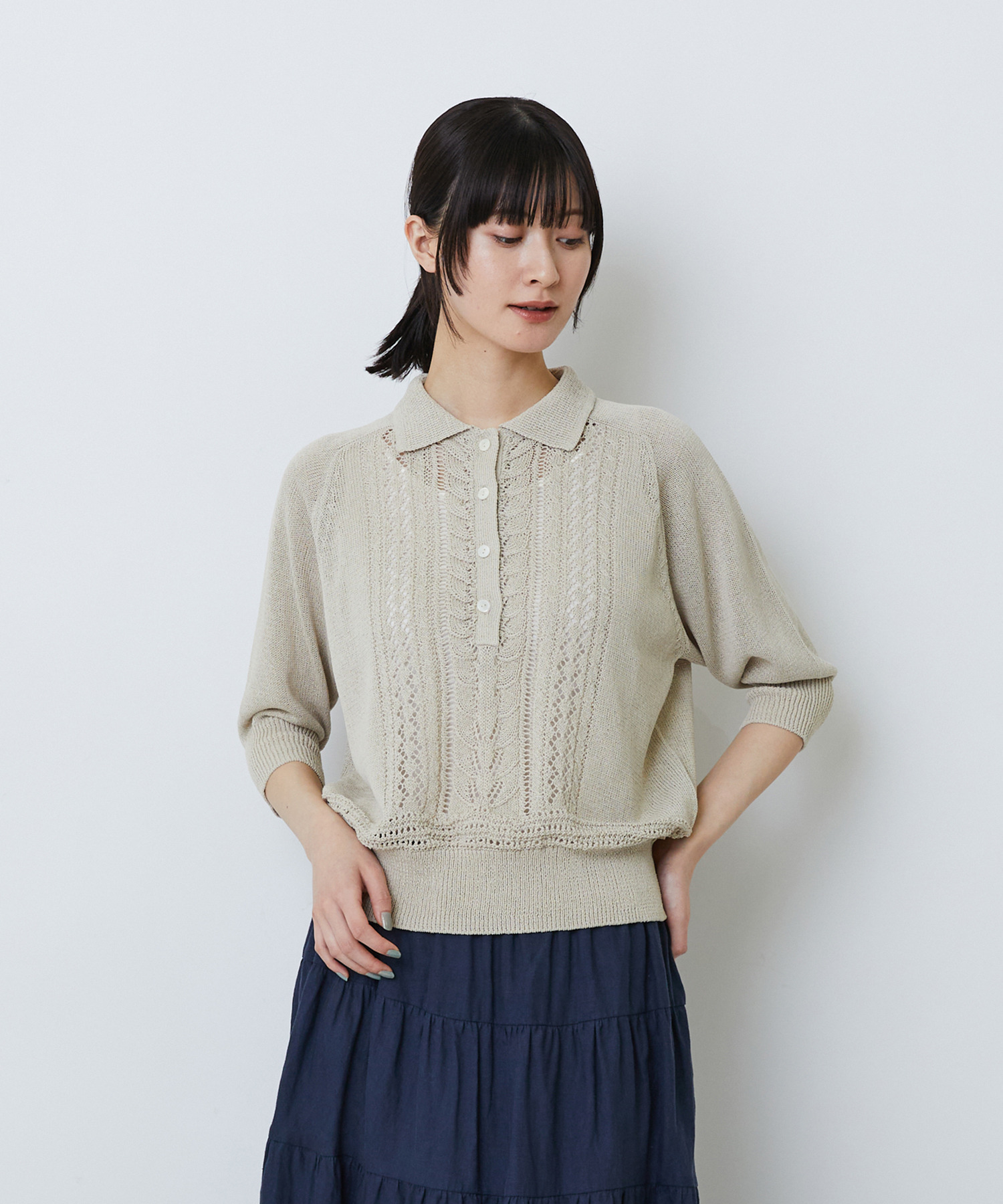 【LOISIR】エステル和紙透かし柄ポロニット 詳細画像 ベージュ 1