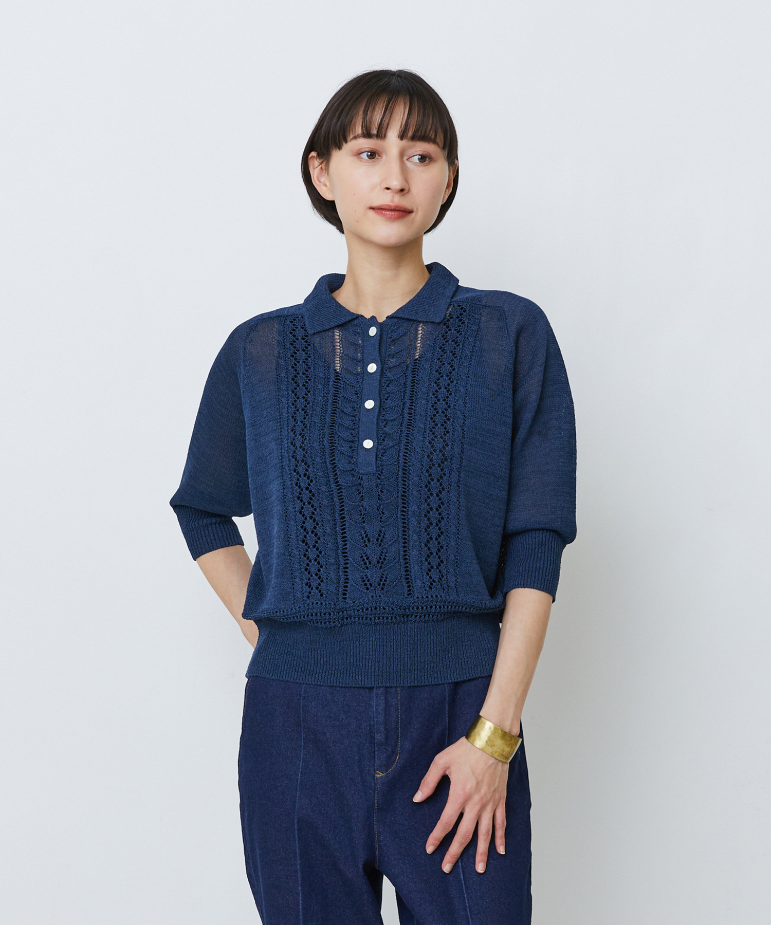 【LOISIR】エステル和紙透かし柄ポロニット 詳細画像 ネイビー 1