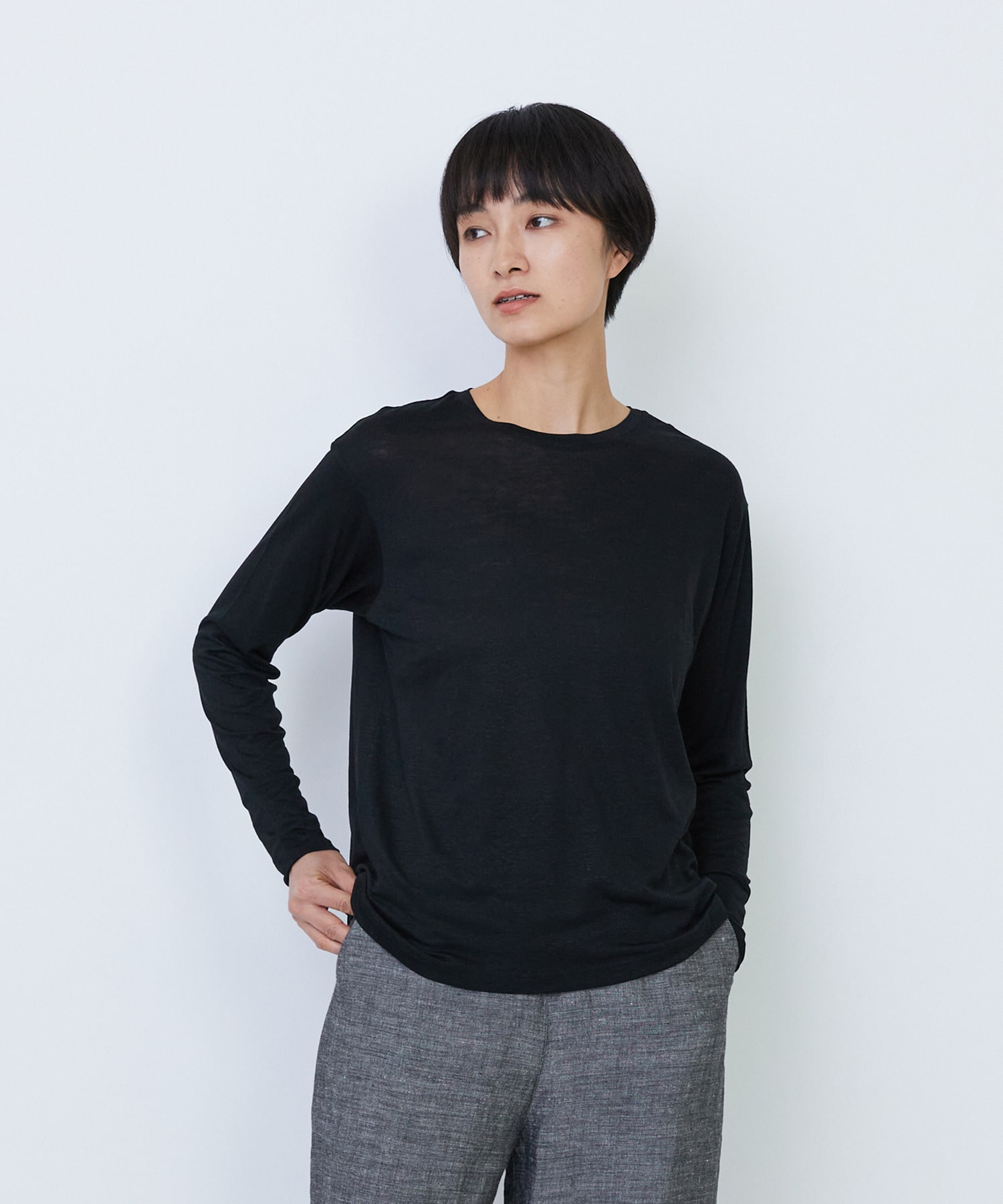 【LOISIR】リネンレーヨン天竺クルーネックプルオーバー 詳細画像 ブラック 1