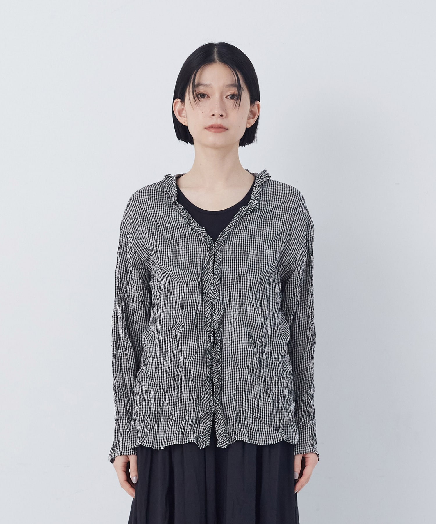 【congés payés】クリンクル加工Ｖネックフリルシャツ 詳細画像 ネイビー 6