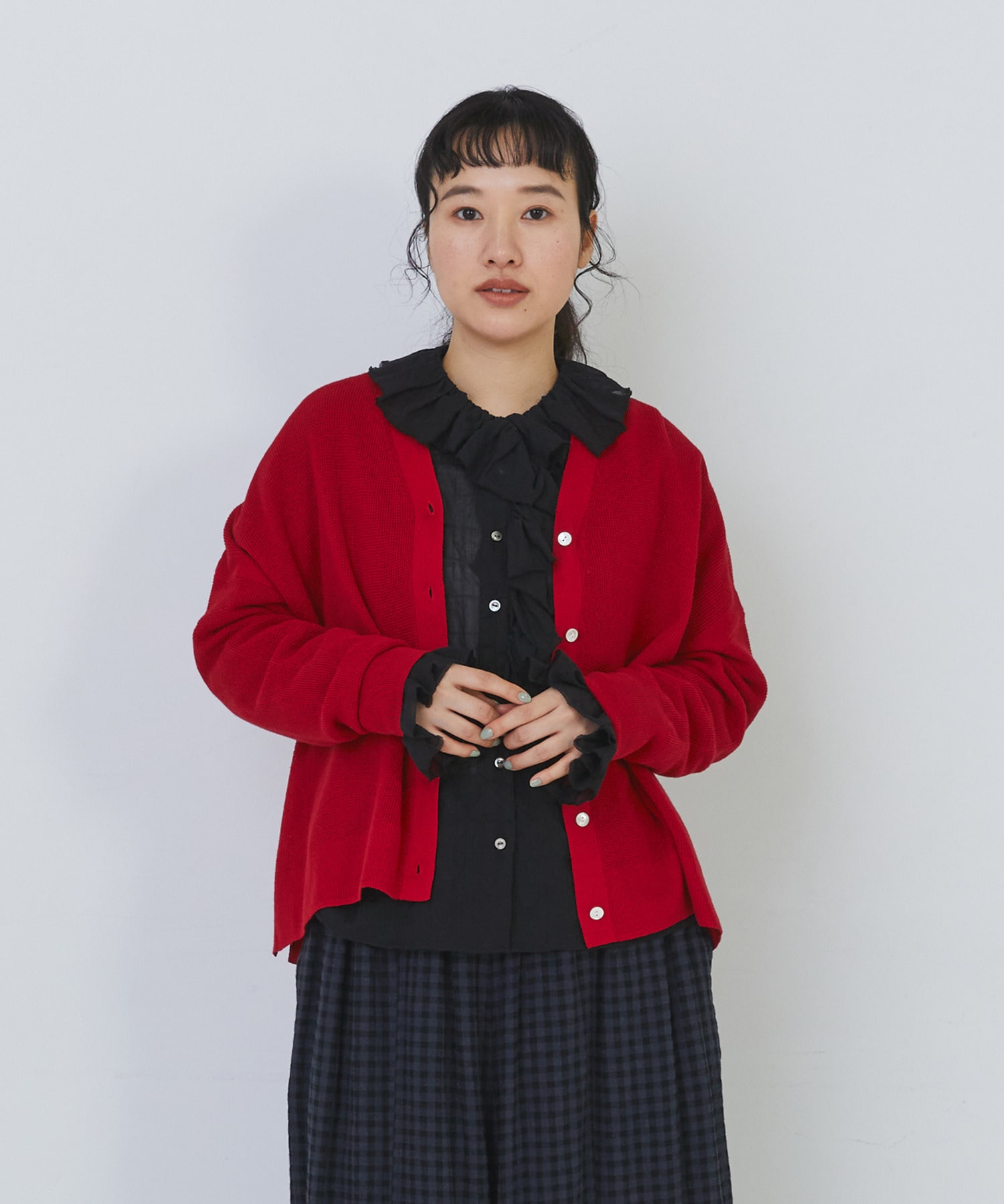 【congés payés】14G麻綿ワッフル編みVネックカーディガン 詳細画像 ブラック 5