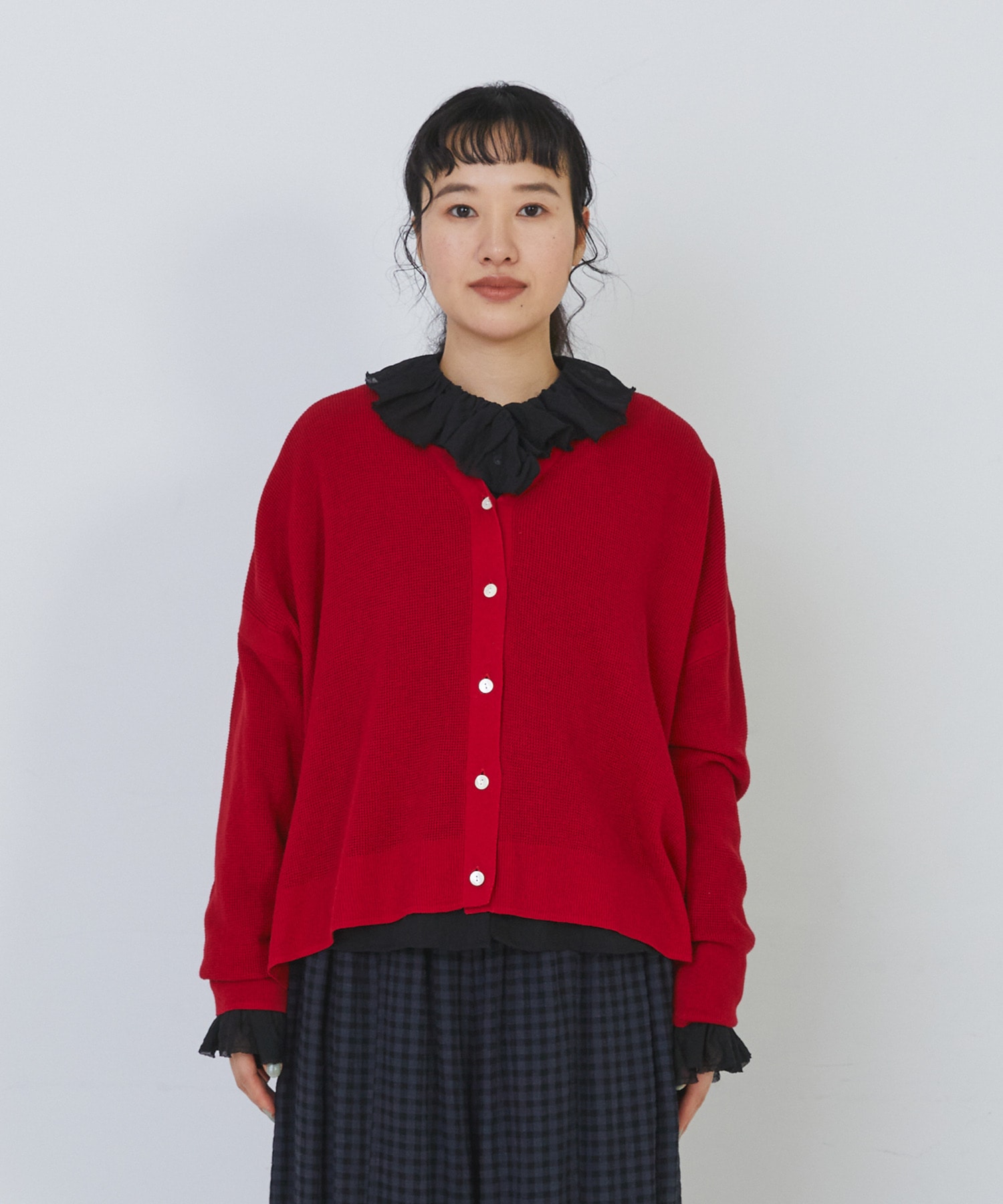 【congés payés】14G麻綿ワッフル編みVネックカーディガン 詳細画像 ブラック 6