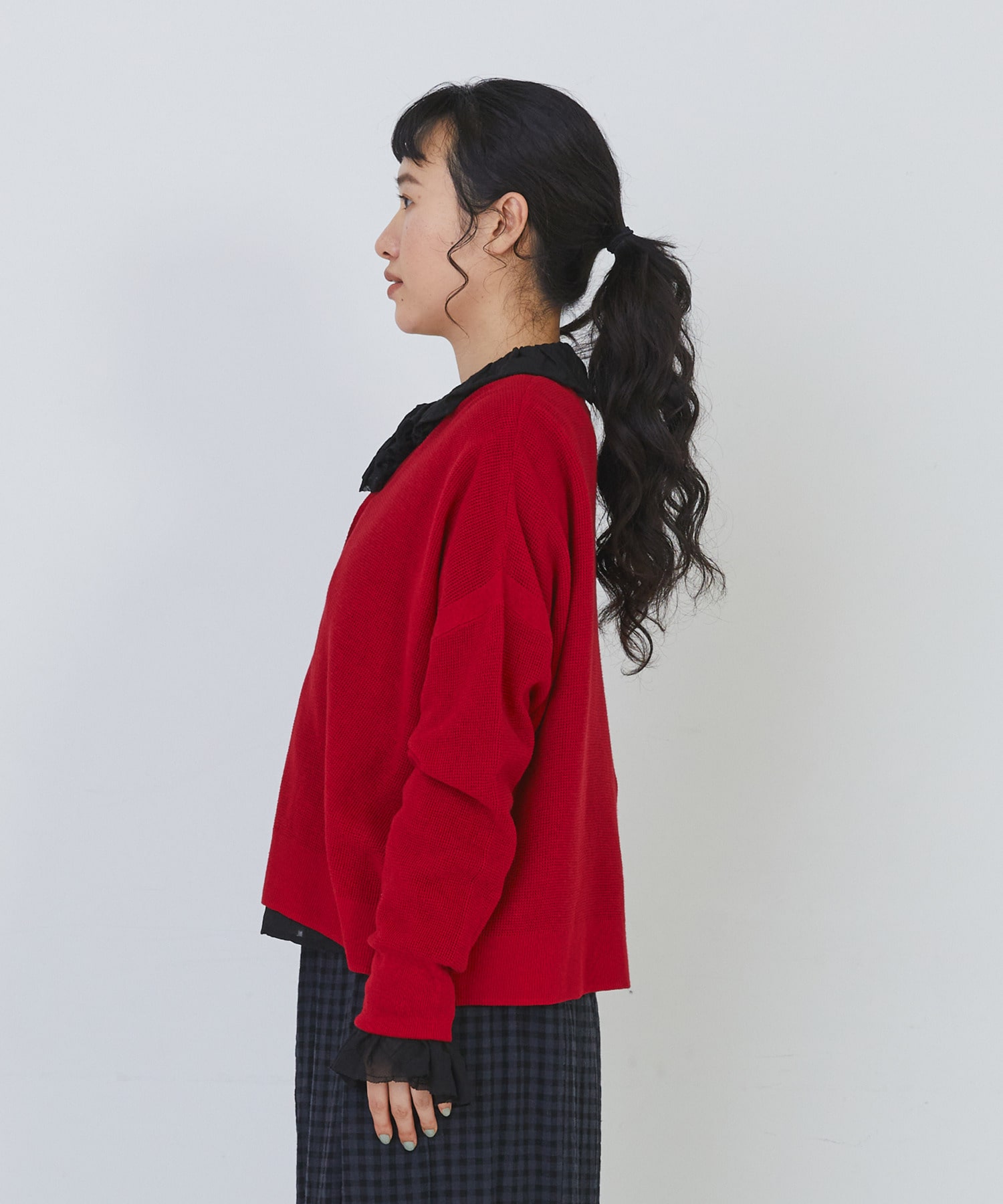 【congés payés】14G麻綿ワッフル編みVネックカーディガン 詳細画像 ブラック 7