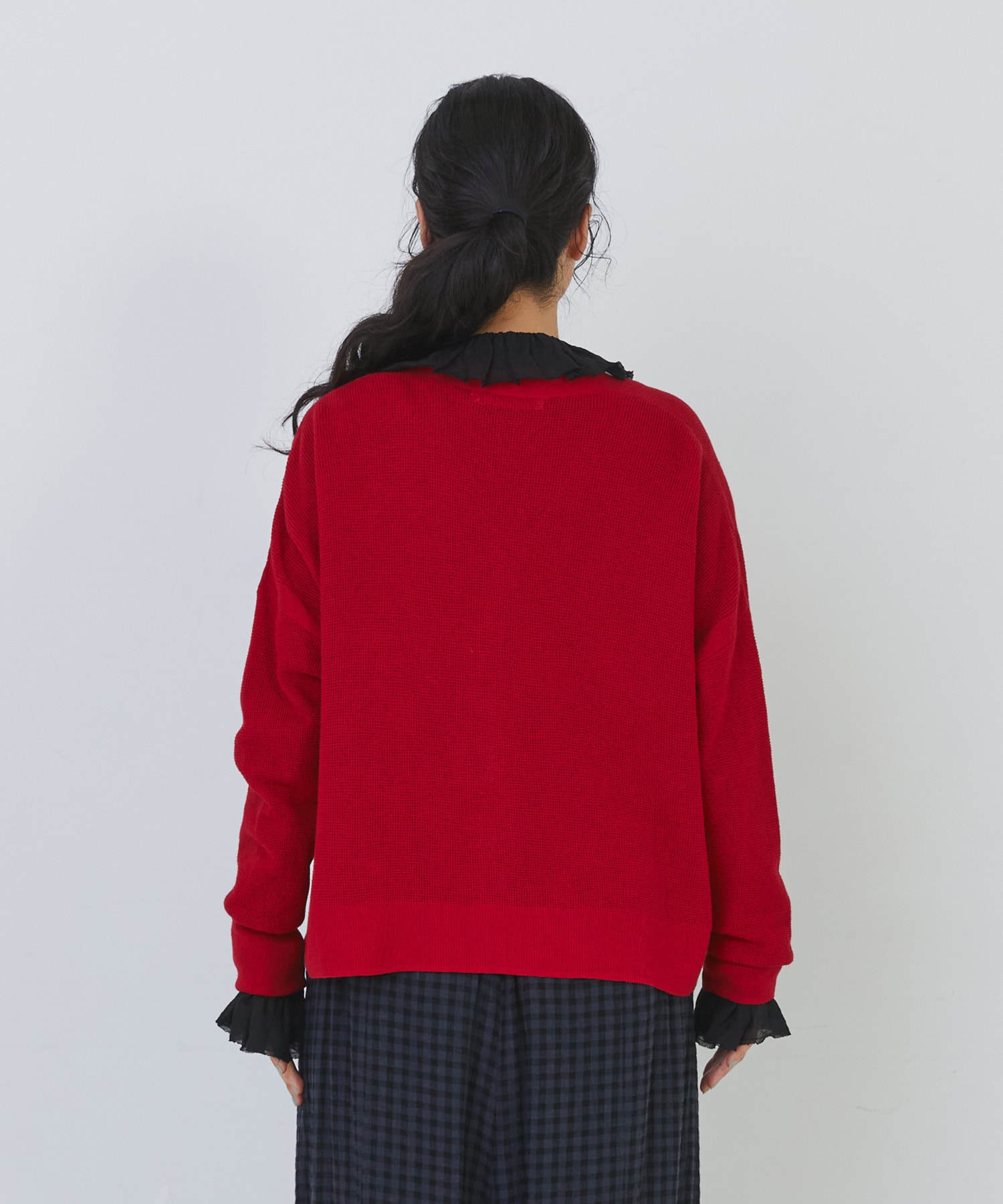 【congés payés】14G麻綿ワッフル編みVネックカーディガン 詳細画像 ブラック 8