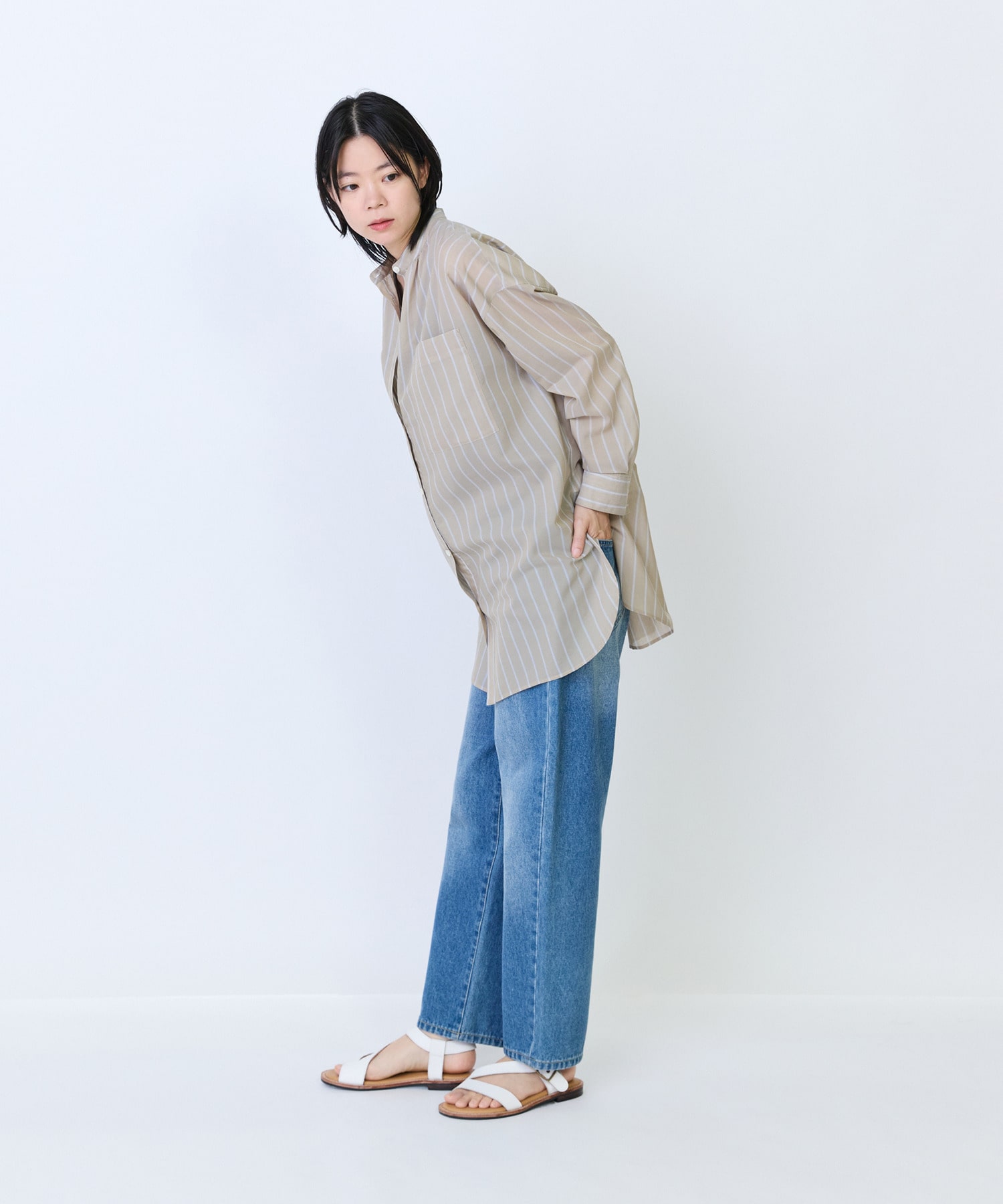 【LOISIR】エステルコットンストライプチュニックブラウス 詳細画像 ベージュ系その他 3