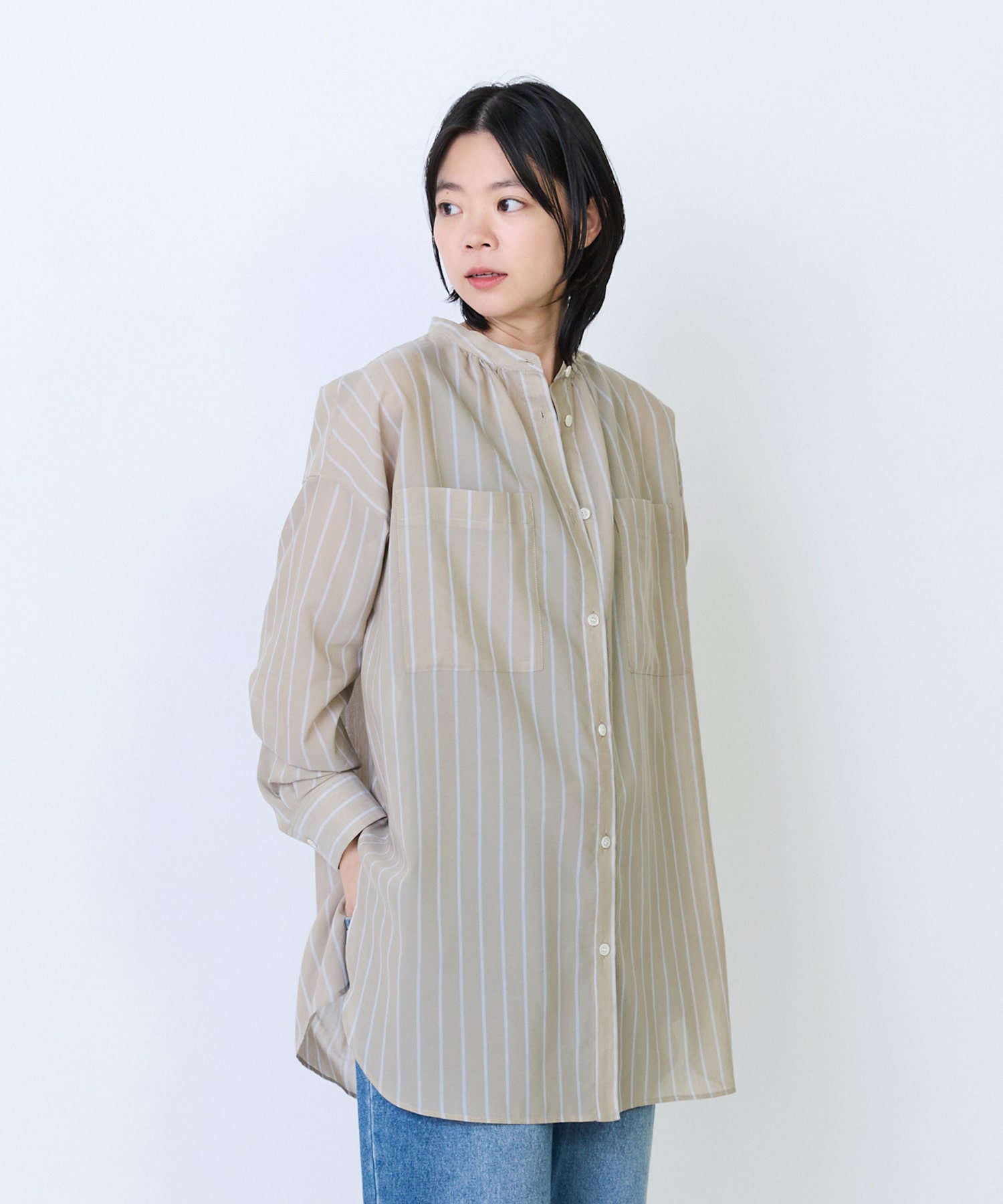 【LOISIR】エステルコットンストライプチュニックブラウス 詳細画像 ベージュ系その他 1