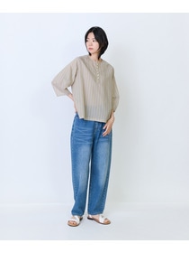 【LOISIR】エステルコットンストライプボトルスリーブブラウス 詳細画像 ベージュ系その他 1