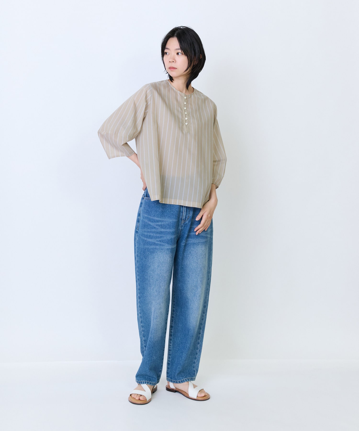 【LOISIR】エステルコットンストライプボトルスリーブブラウス 詳細画像 ベージュ系その他 1