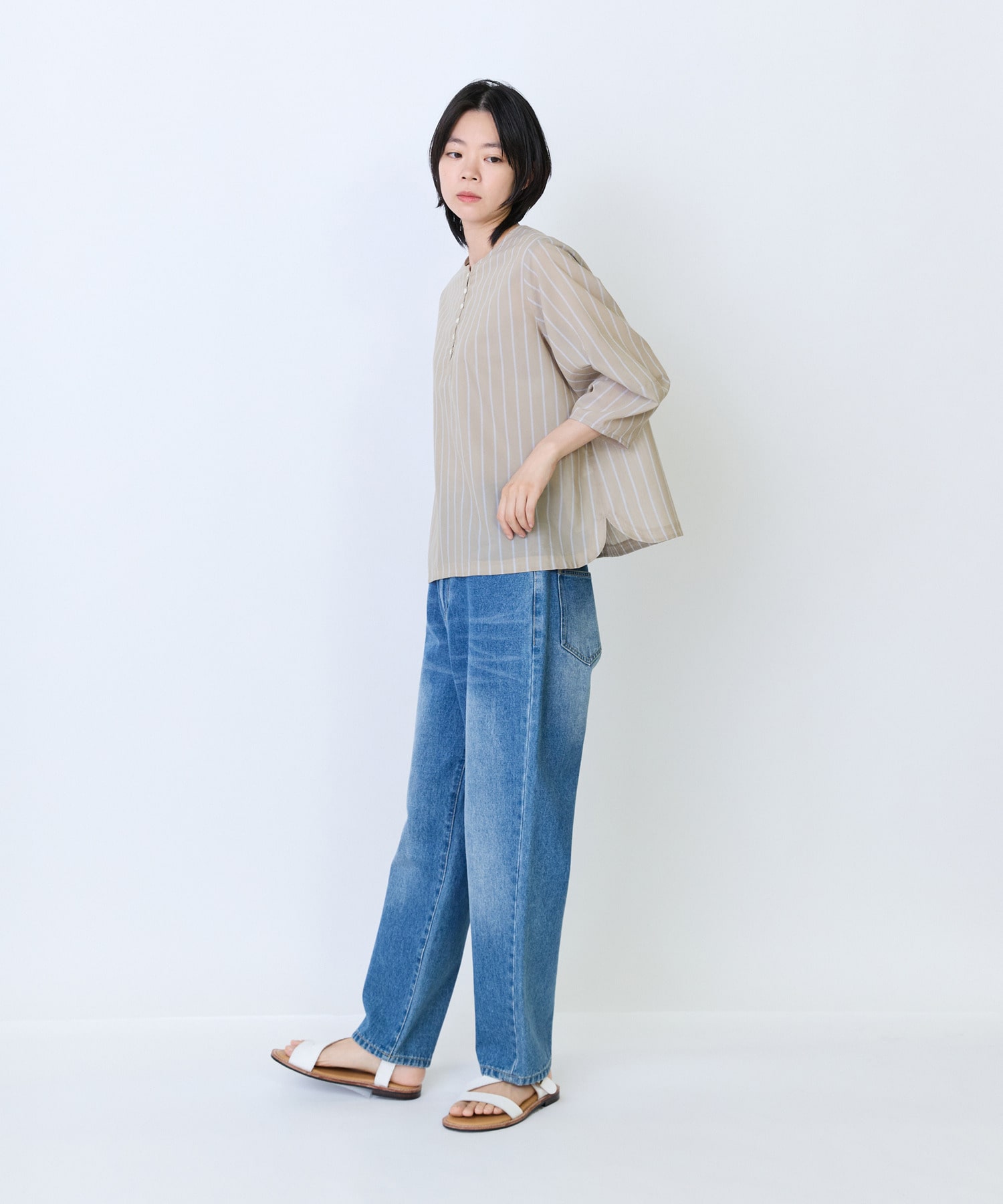 【LOISIR】エステルコットンストライプボトルスリーブブラウス 詳細画像 ベージュ系その他 2