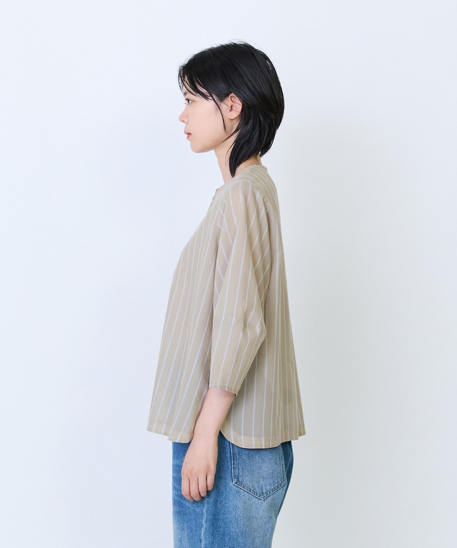 【LOISIR】エステルコットンストライプボトルスリーブブラウス 詳細画像 ベージュ系その他 5