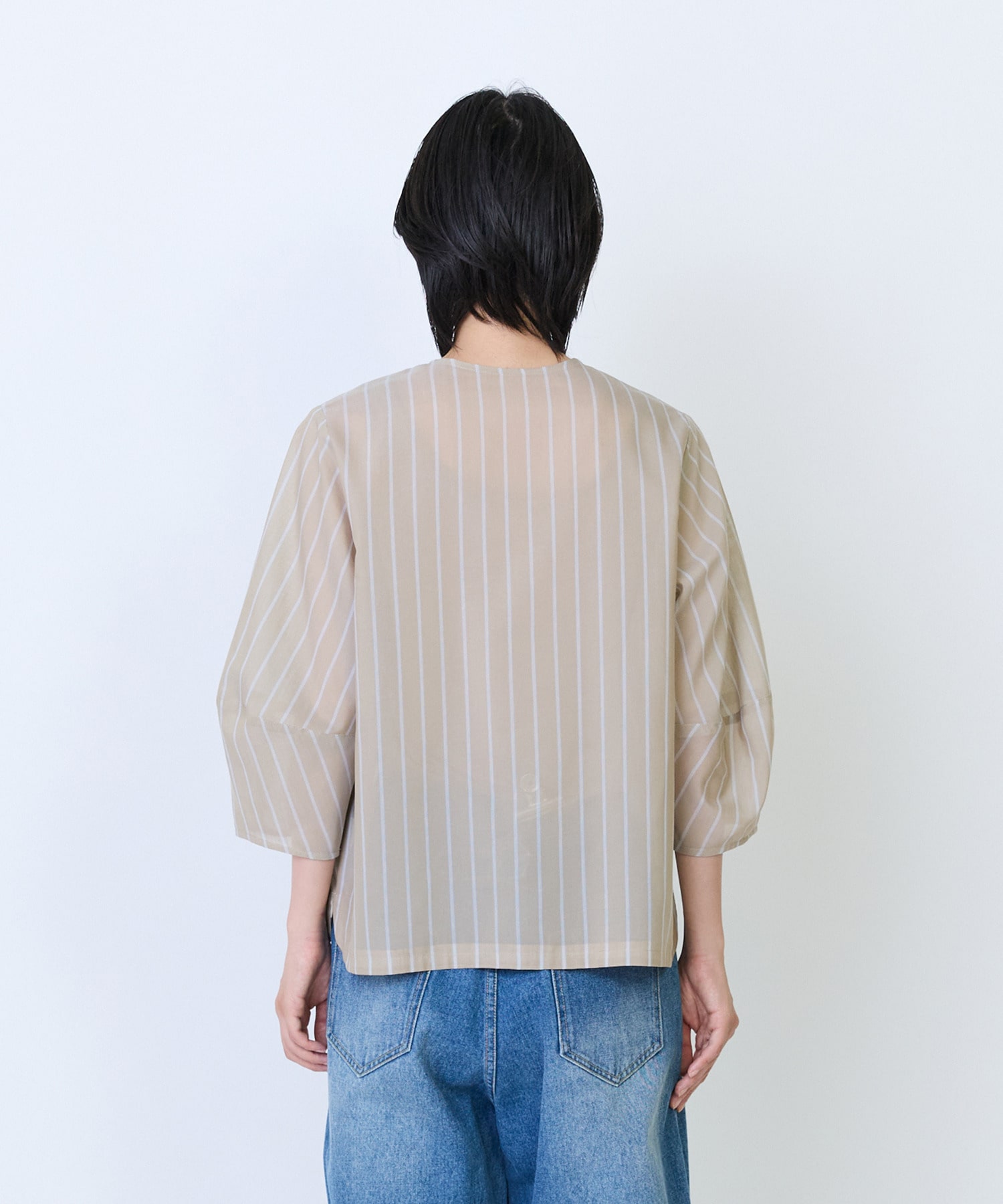 【LOISIR】エステルコットンストライプボトルスリーブブラウス 詳細画像 ベージュ系その他 6