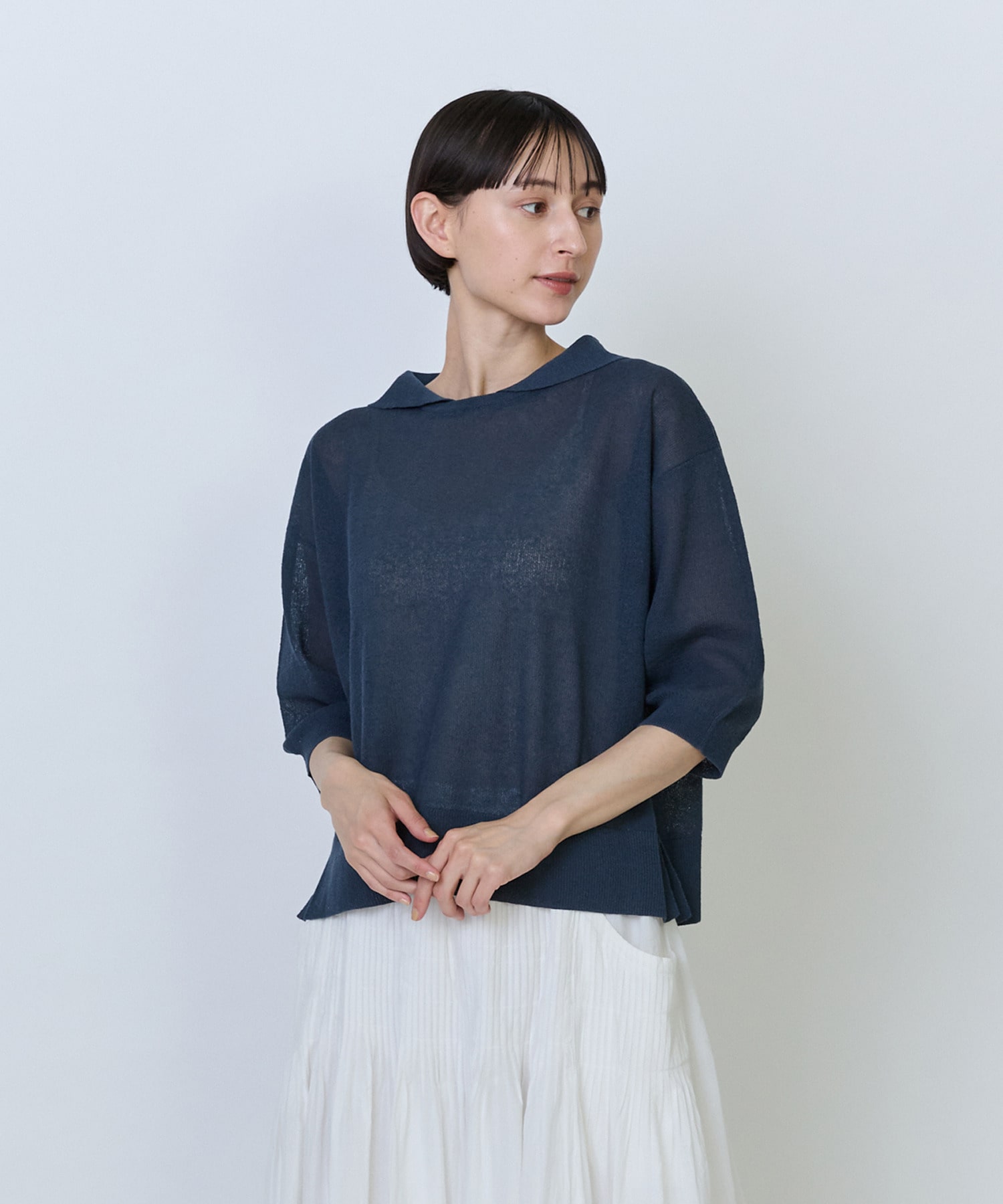 【LOISIR】綿麻エステルダブルジャカード編みセーラーカラープルオーバー 詳細画像 ネイビー 1