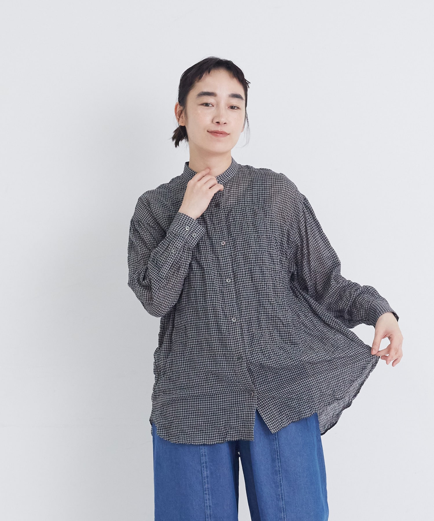 【congés payés】シャーリングバンドカラーロングシャツ 詳細画像 ブラック系その他 19