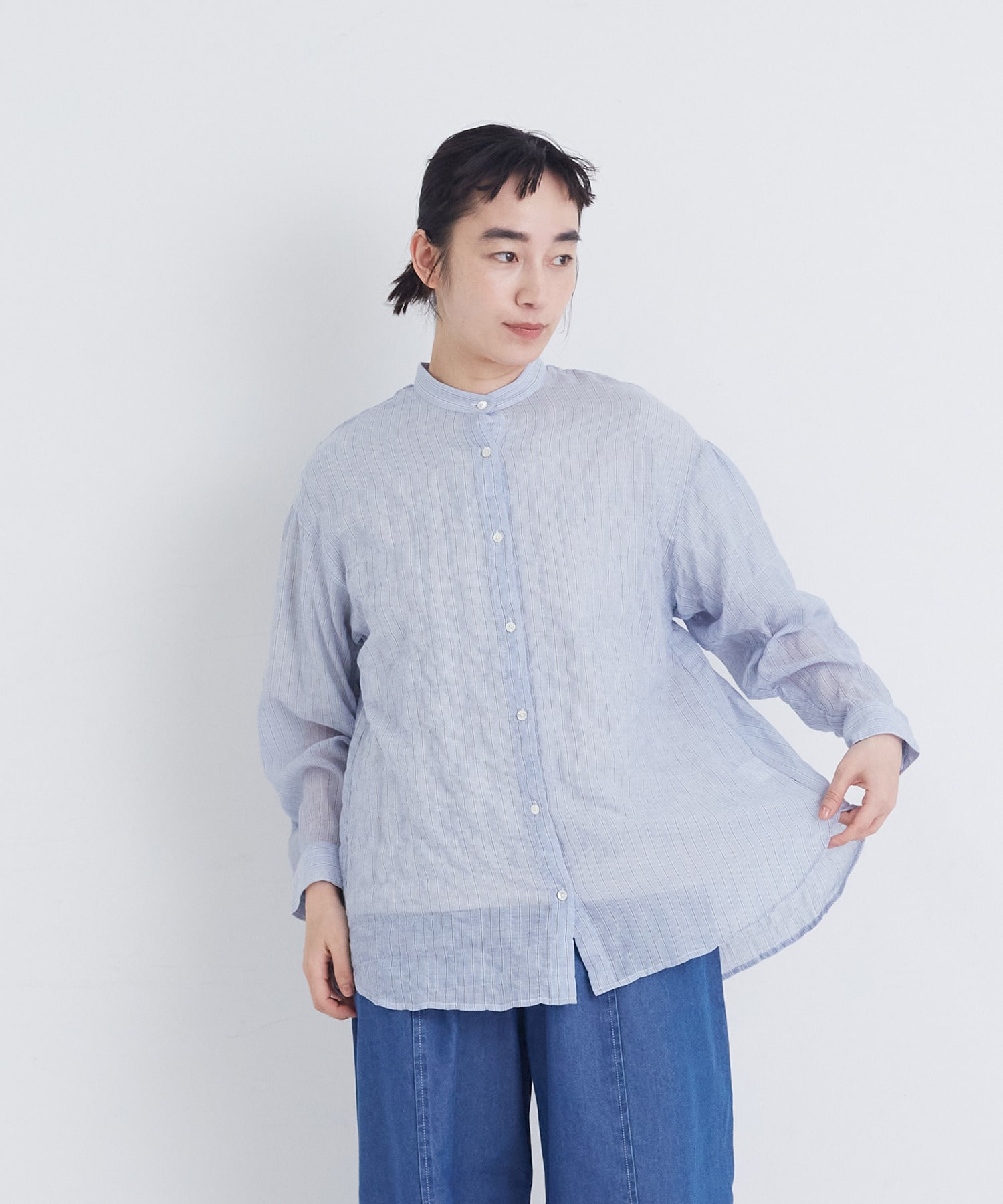 【congés payés】シャーリングバンドカラーロングシャツ 詳細画像 ブラック系その他 4