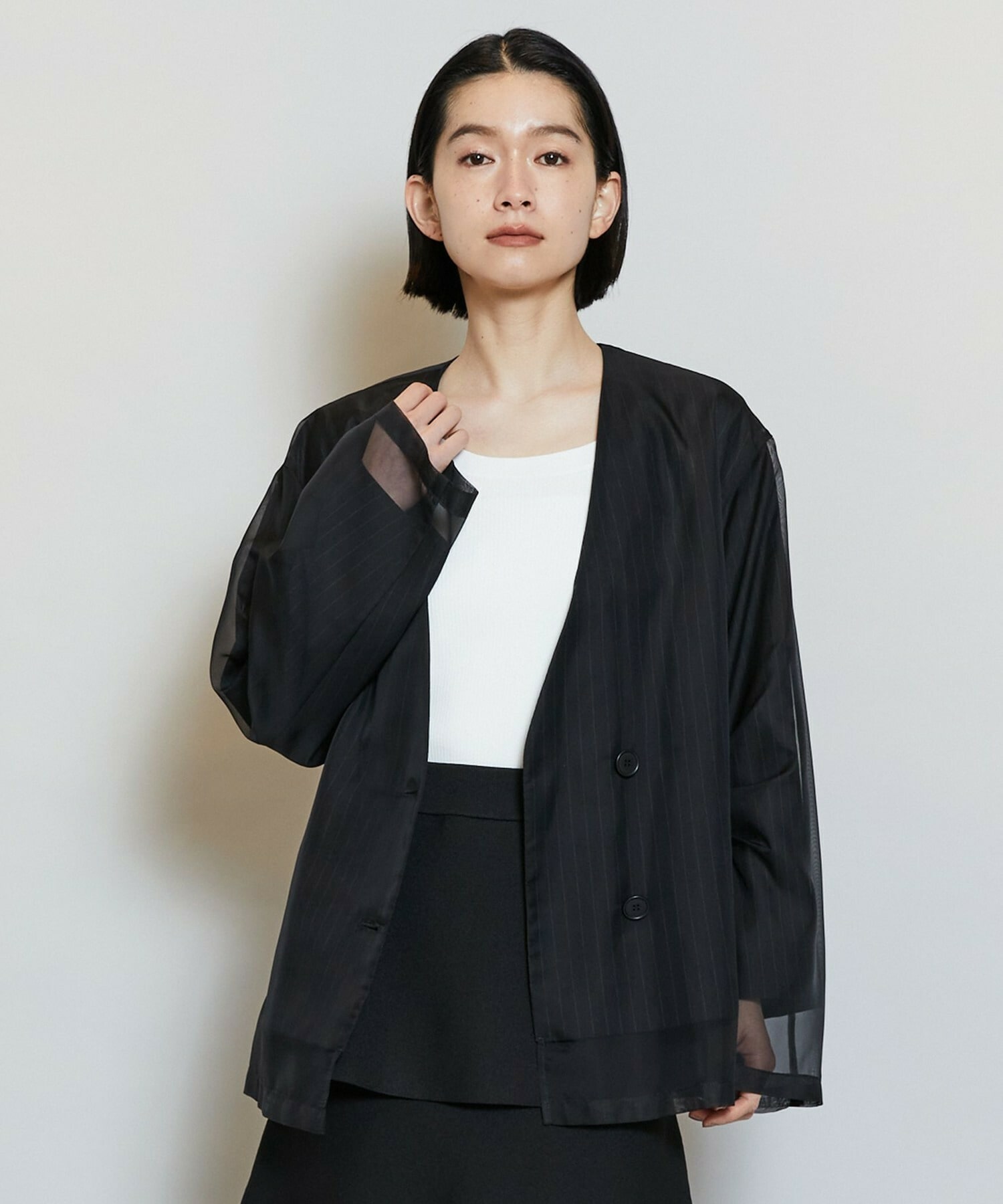 【MOGA】シアーストライプノーカラージャケット 詳細画像 ブラック 1
