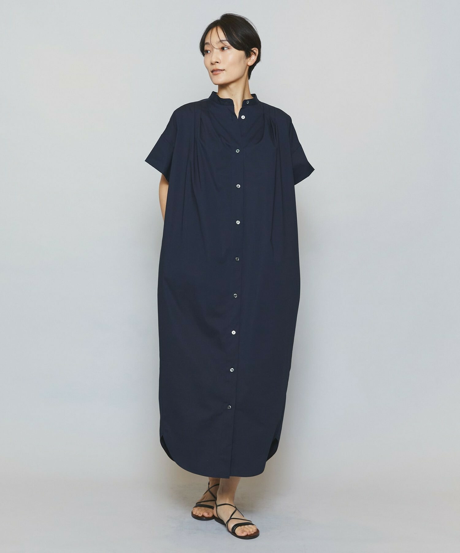 【MOGA】ストレッチタイプライタースタンドカラーロングワンピース 詳細画像 サックスブルー 1