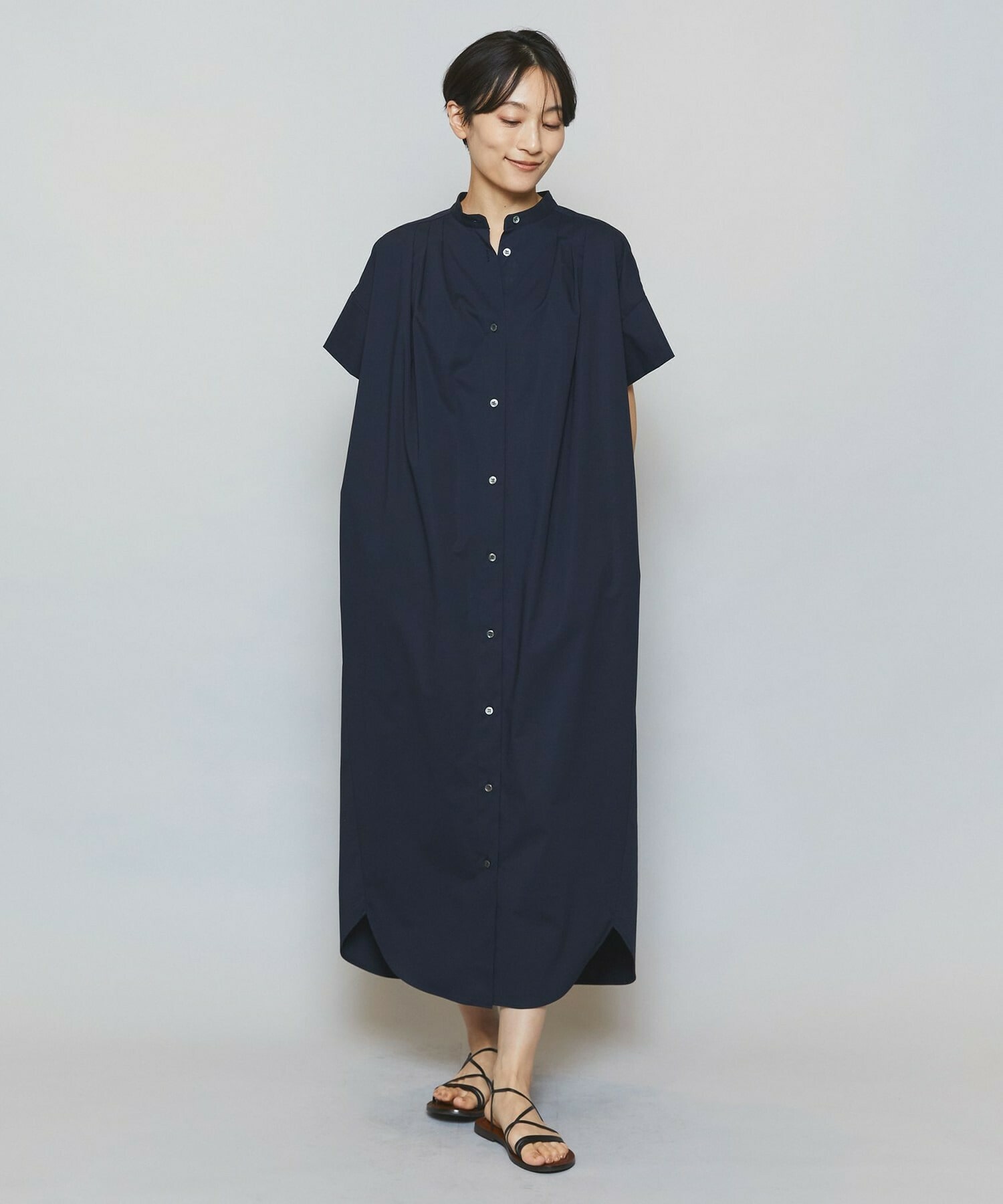 【MOGA】ストレッチタイプライタースタンドカラーロングワンピース 詳細画像 サックスブルー 15