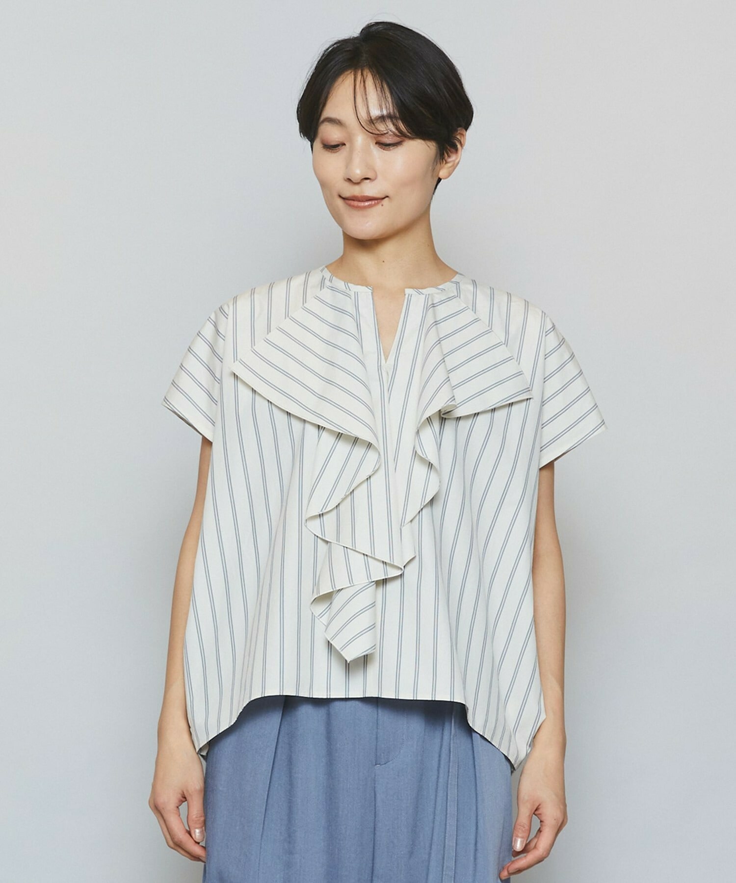 【MOGA】ミディアムストライプカスケードフリルブラウス 詳細画像 オフホワイト 16