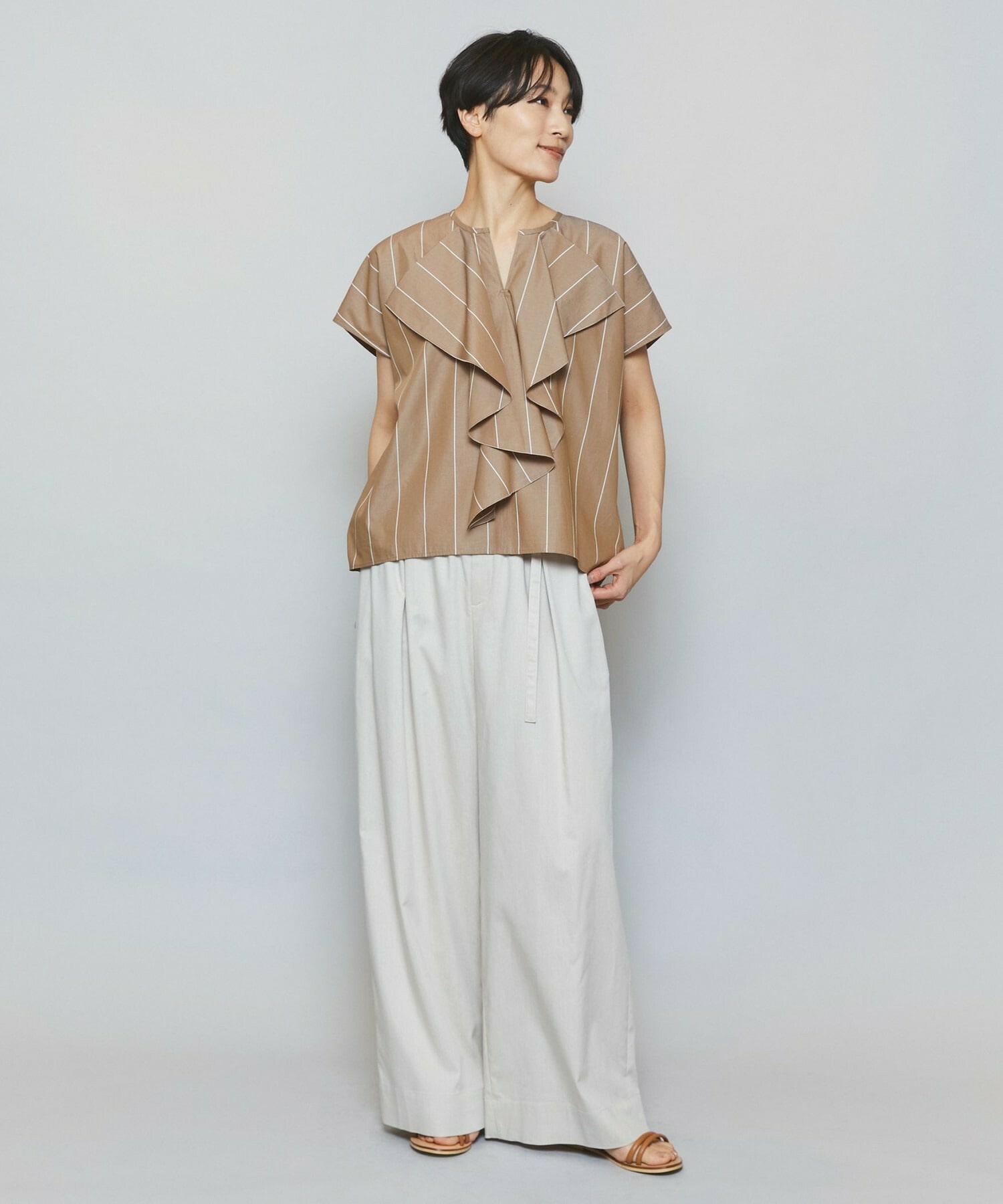 【MOGA】ラージストライプカスケードフリルブラウス 詳細画像 ブラウン系その他 15