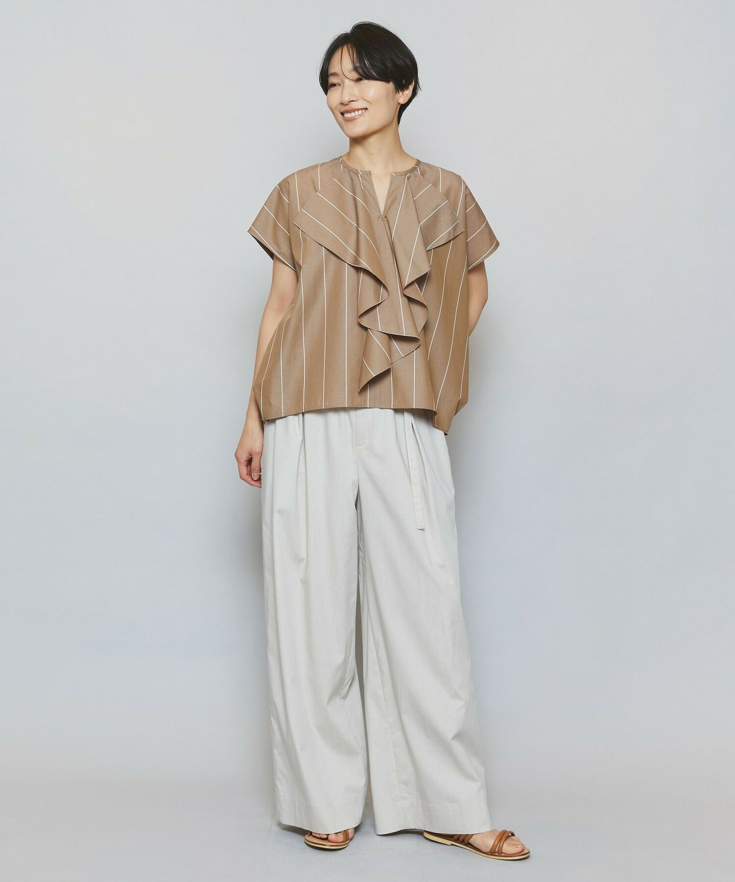 【MOGA】ラージストライプカスケードフリルブラウス 詳細画像 ブラウン系その他 2