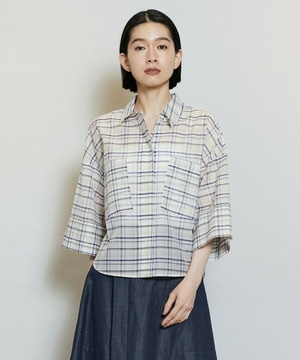 【MOGA】コットンシルクチェックシャツブラウス 詳細画像 オフホワイト 1