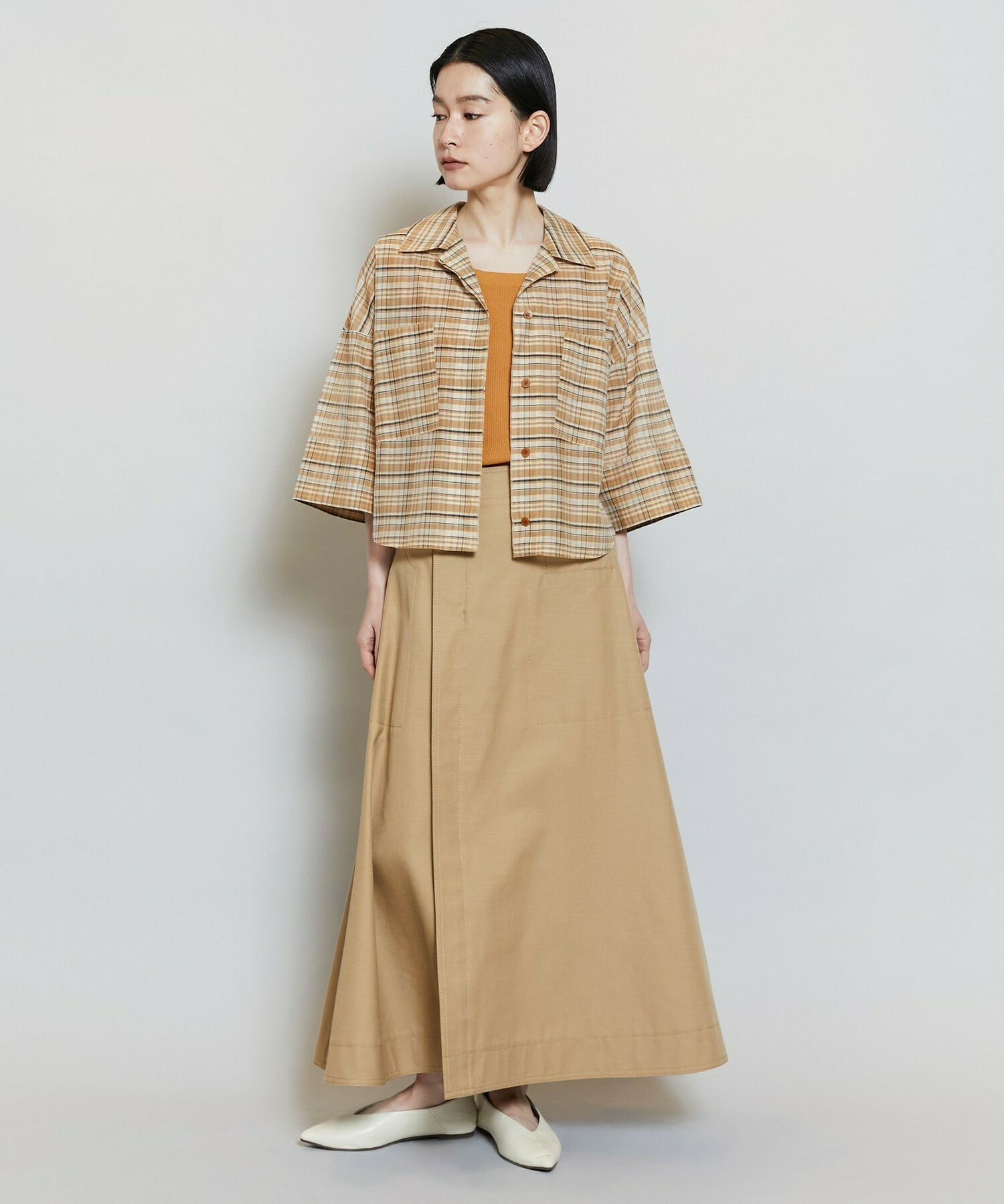 【MOGA】コットンシルクチェックシャツブラウス 詳細画像 オフホワイト 13