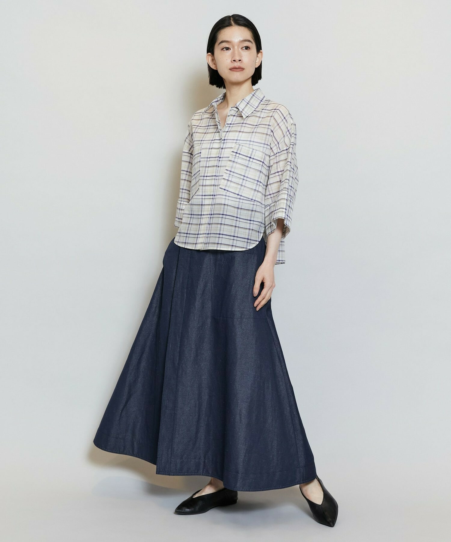 【MOGA】コットンシルクチェックシャツブラウス 詳細画像 オフホワイト 3