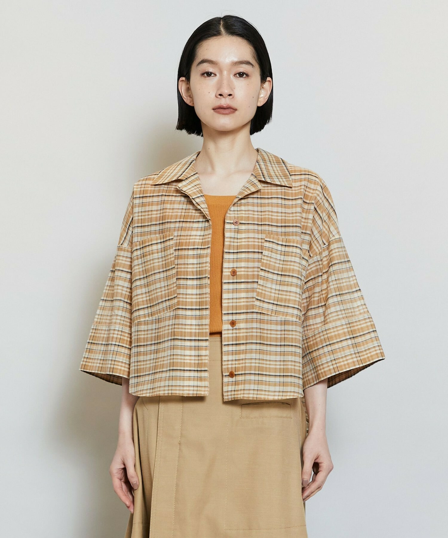 【MOGA】コットンシルクチェックシャツブラウス 詳細画像 ベージュ 1
