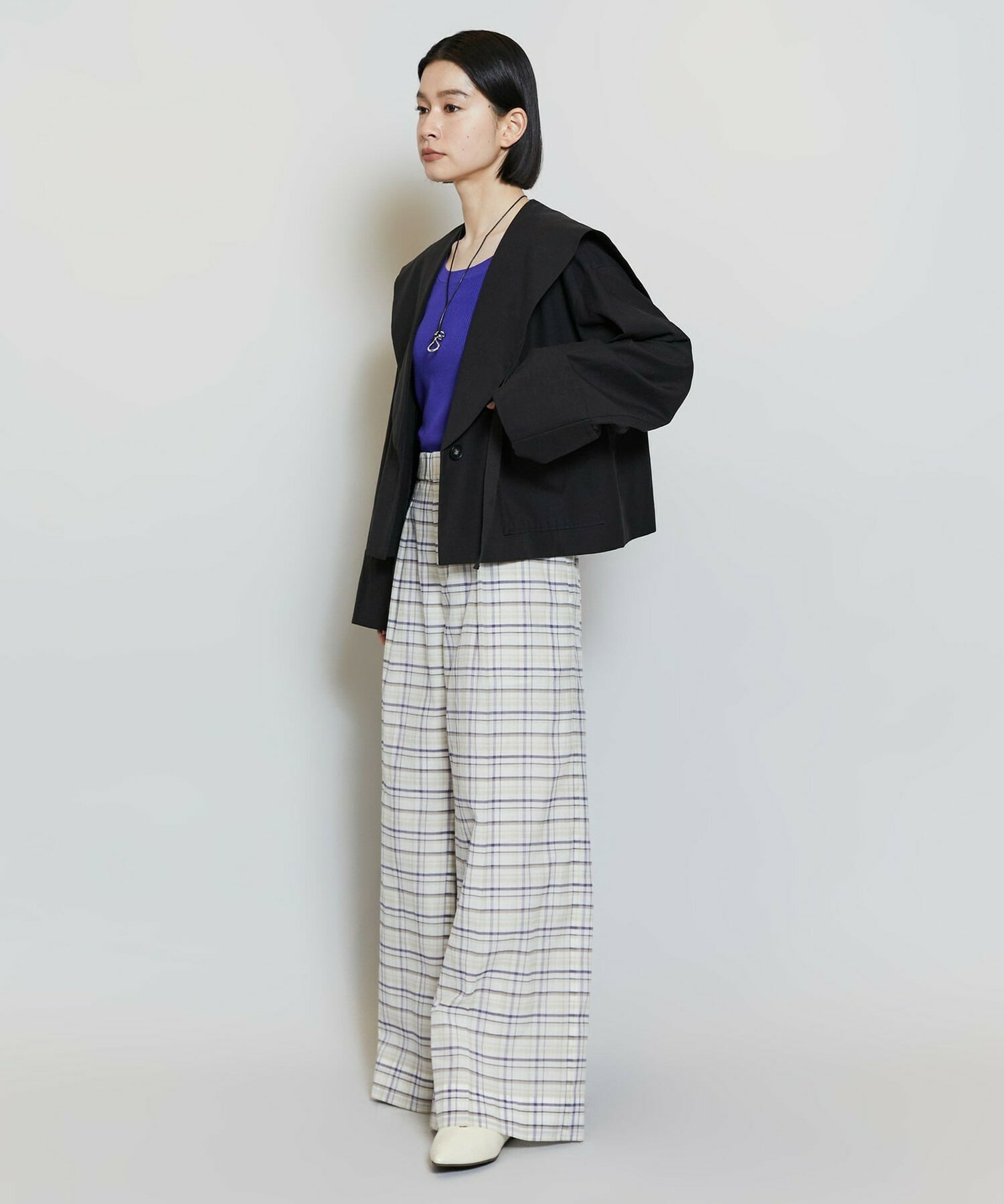 【MOGA】コットンシルクチェックセンタープレスワイドパンツ 詳細画像 オフホワイト 10