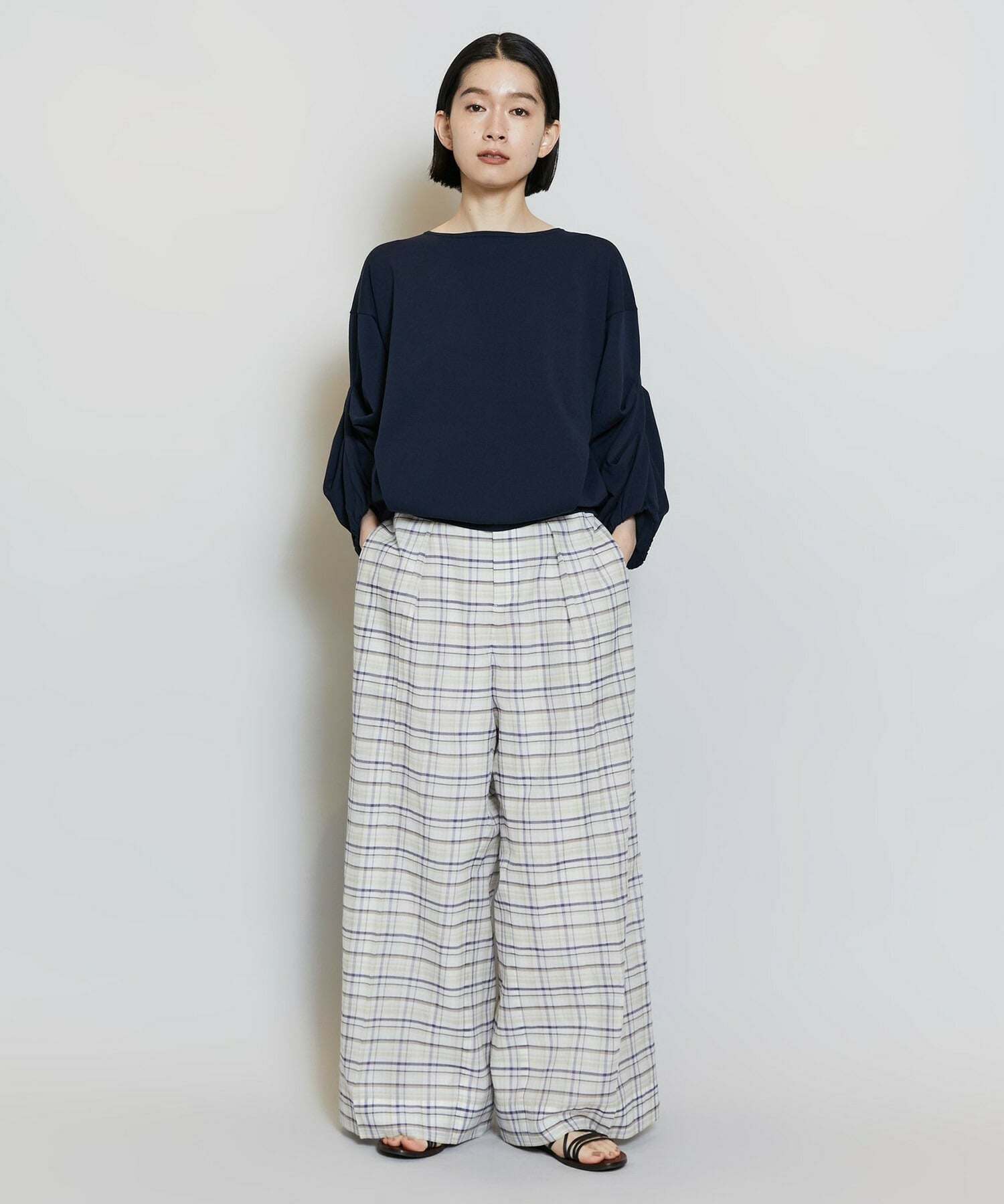【MOGA】コットンシルクチェックセンタープレスワイドパンツ 詳細画像 オフホワイト 12