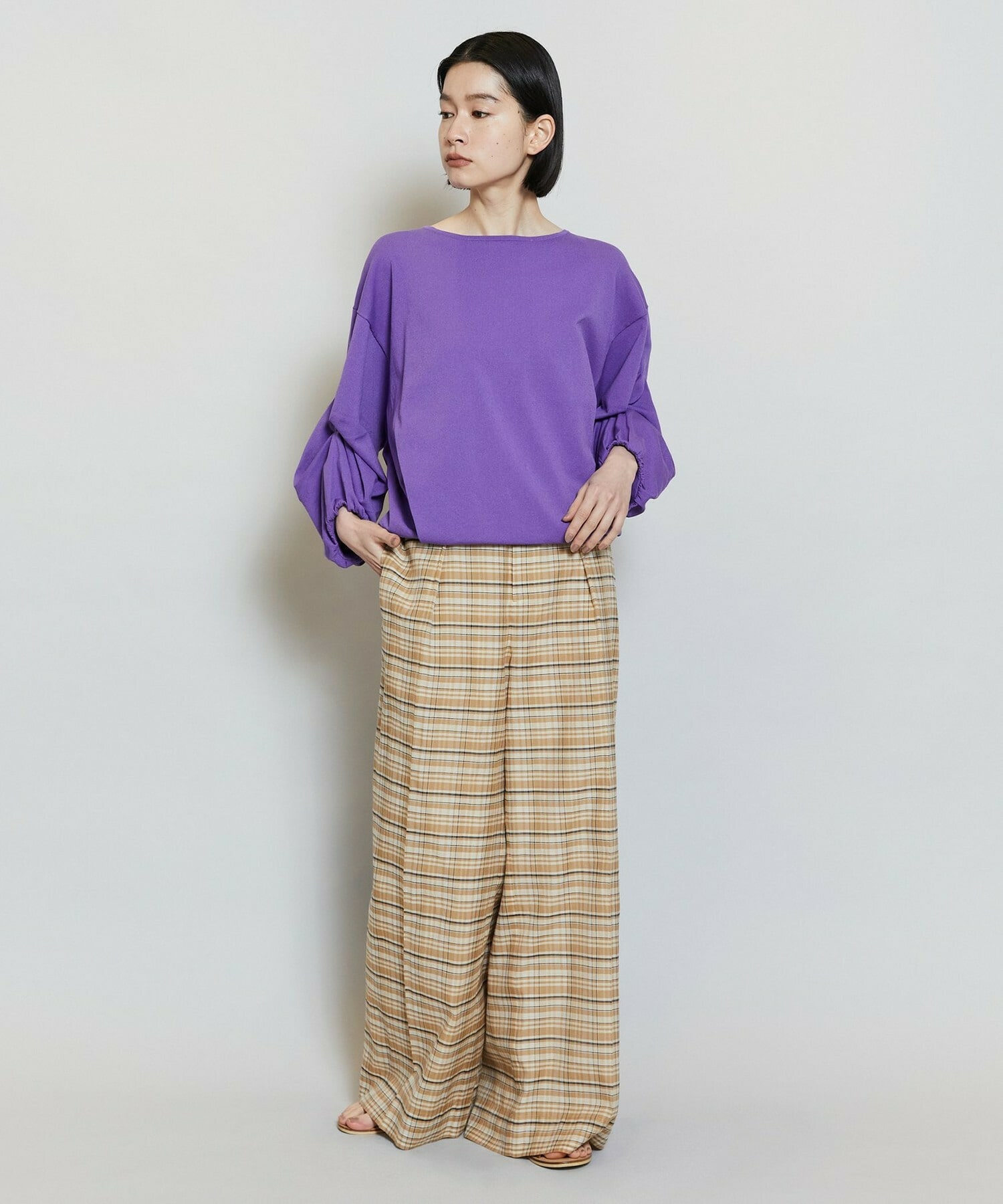 【MOGA】コットンシルクチェックセンタープレスワイドパンツ 詳細画像 オフホワイト 2