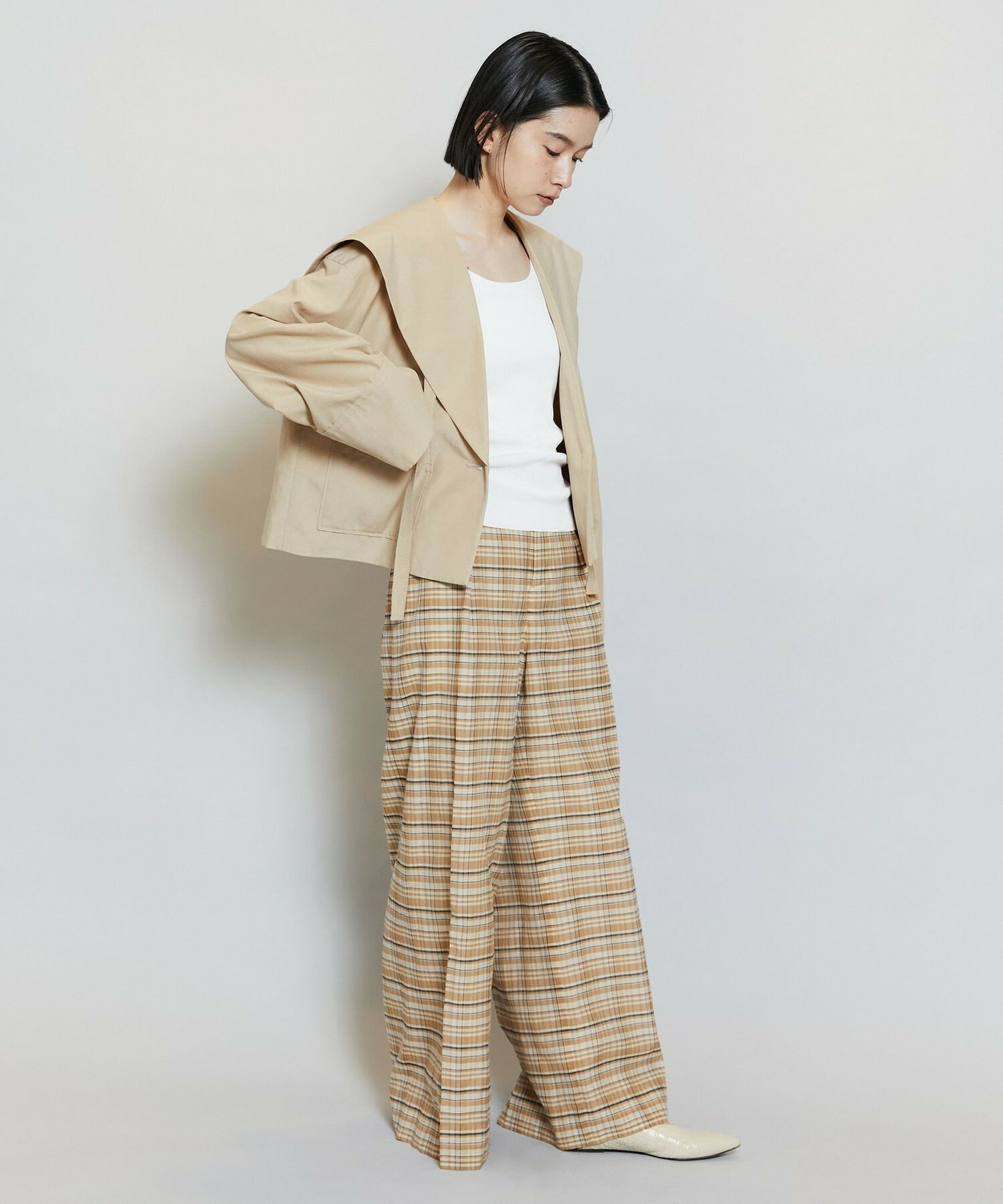 【MOGA】コットンシルクチェックセンタープレスワイドパンツ 詳細画像 オフホワイト 21