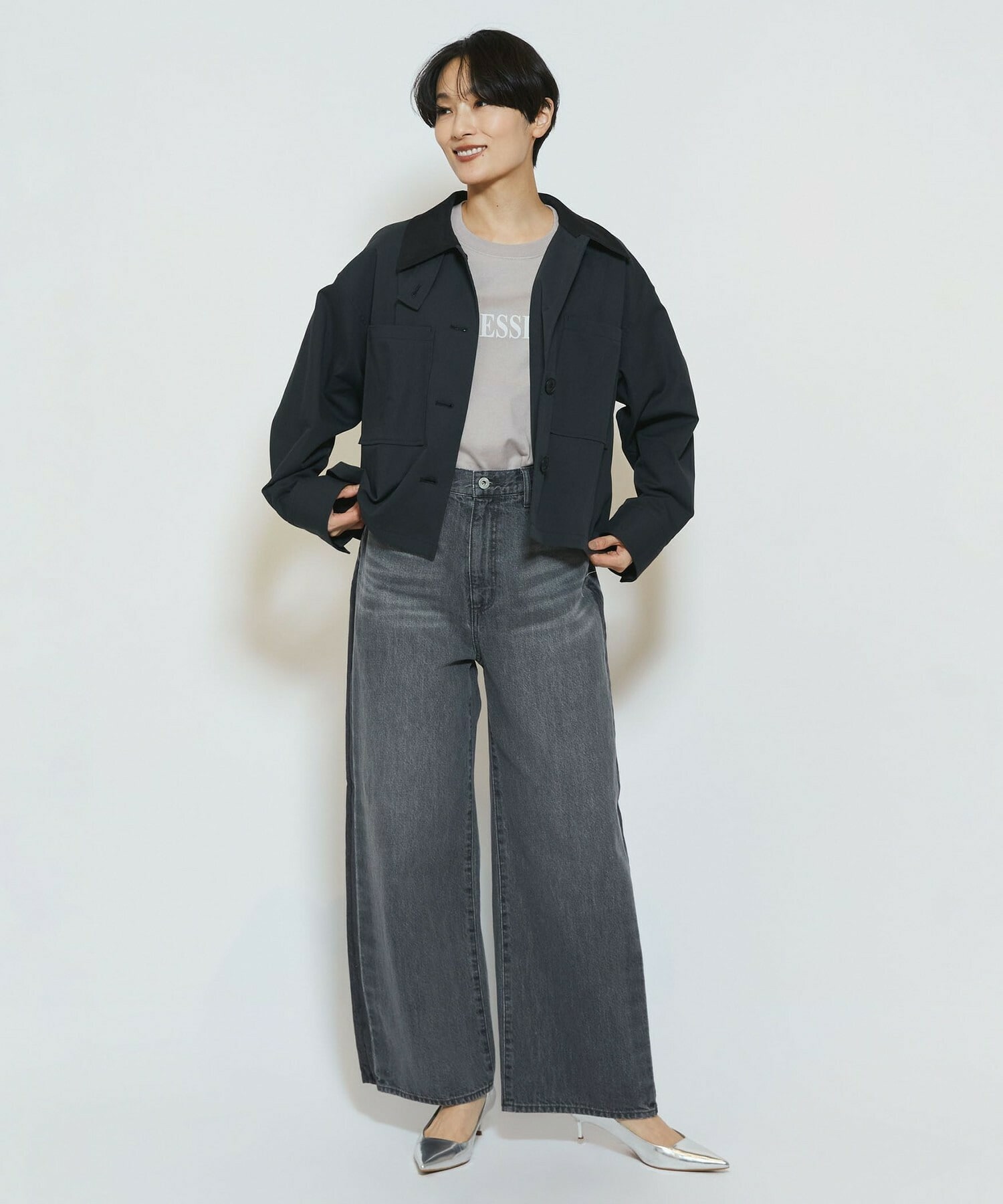 【feerique】feerique ポリエステルツイルワイドクロップドジャケット 詳細画像 チャコールグレー 1