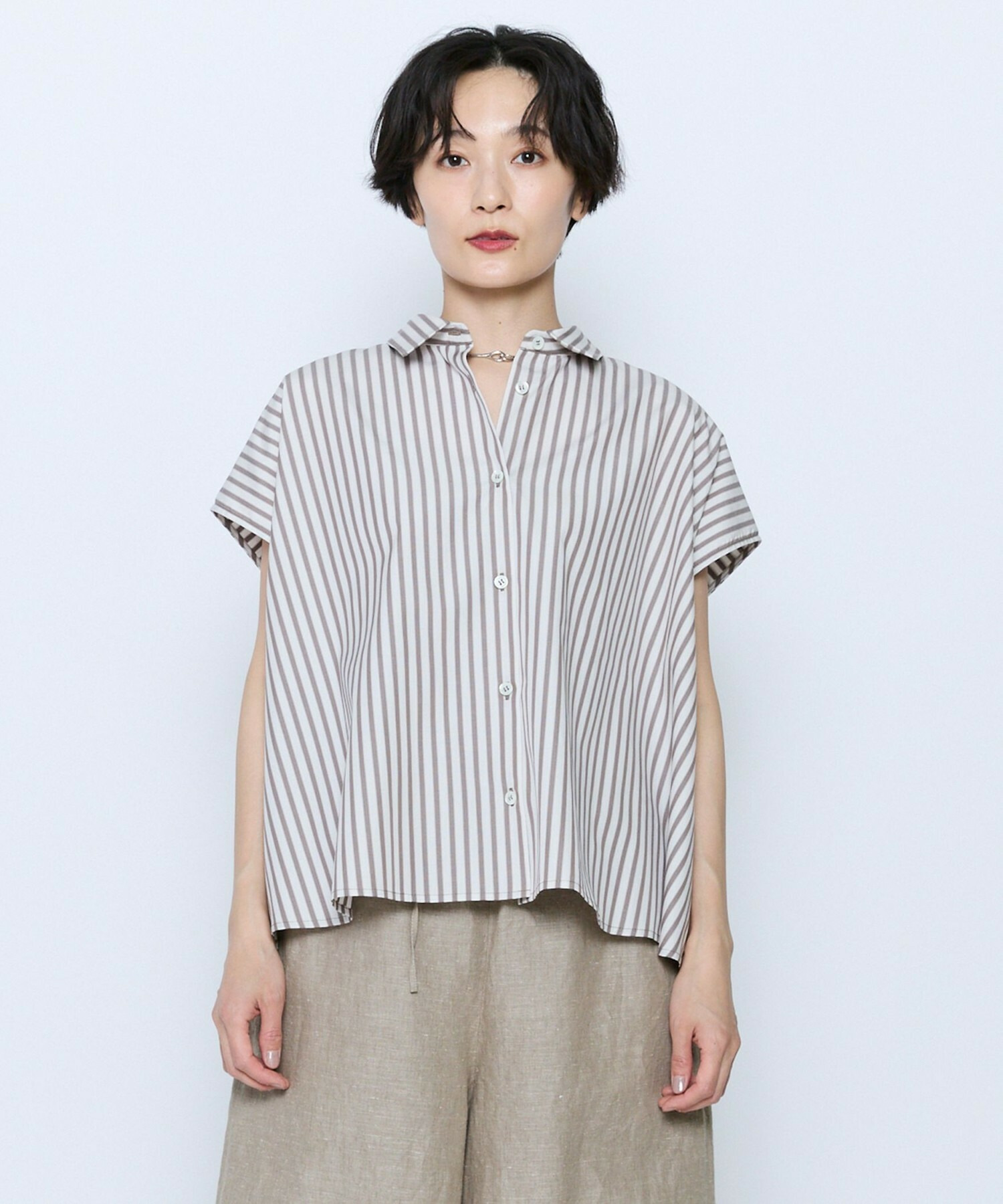 【feerique】feerique ポプリンストライプフレアシャツ 詳細画像 ブラウン 1