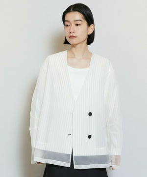 【MOGA】【Lサイズ】シアーストライプノーカラージャケット 詳細画像 ホワイト 2