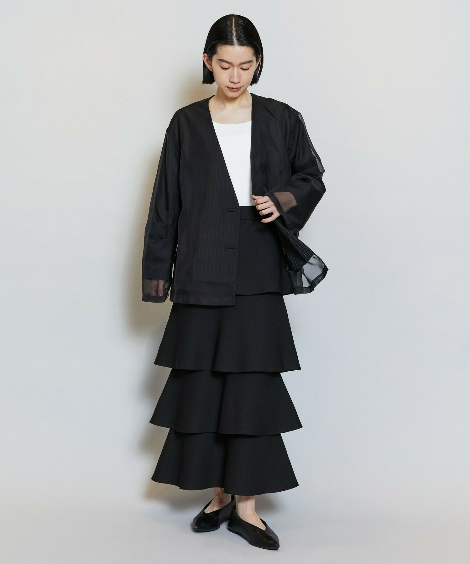 【MOGA】【Lサイズ】シアーストライプノーカラージャケット 詳細画像 ブラック 1