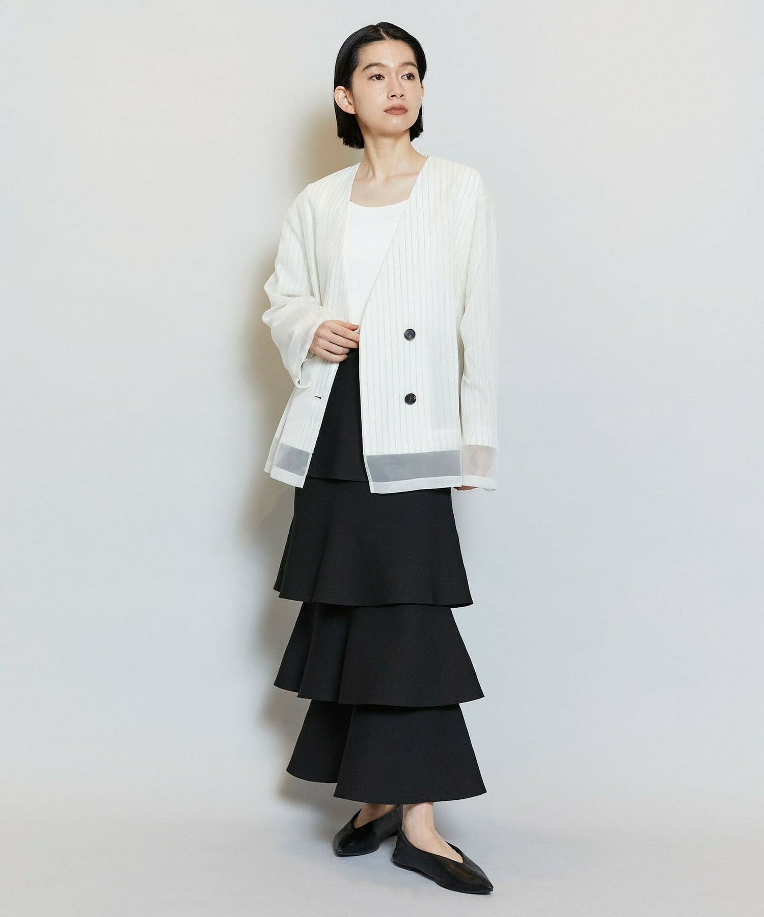 【MOGA】【Lサイズ】シアーストライプノーカラージャケット 詳細画像 ブラック 14