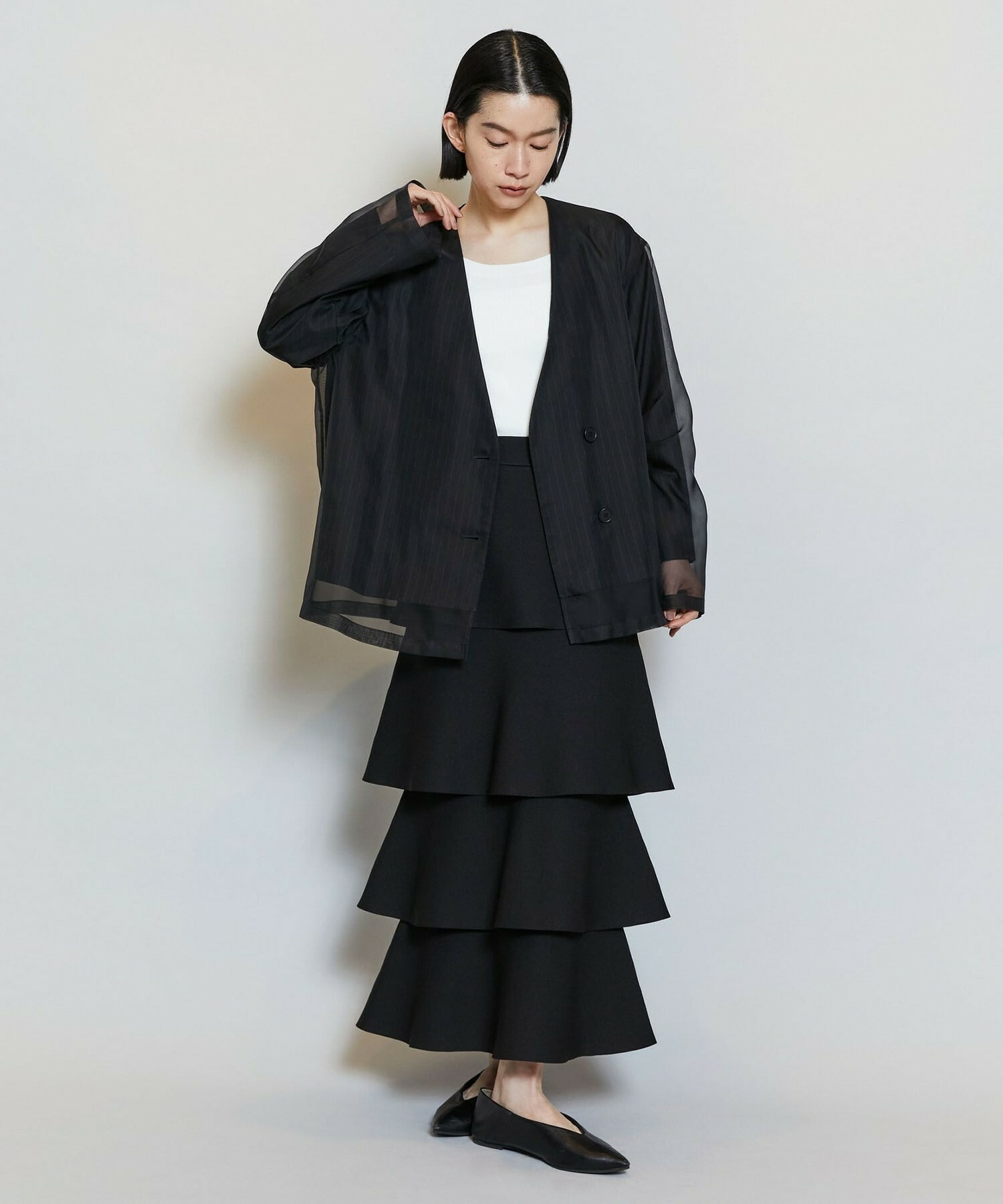 【MOGA】【Lサイズ】シアーストライプノーカラージャケット 詳細画像 ブラック 4