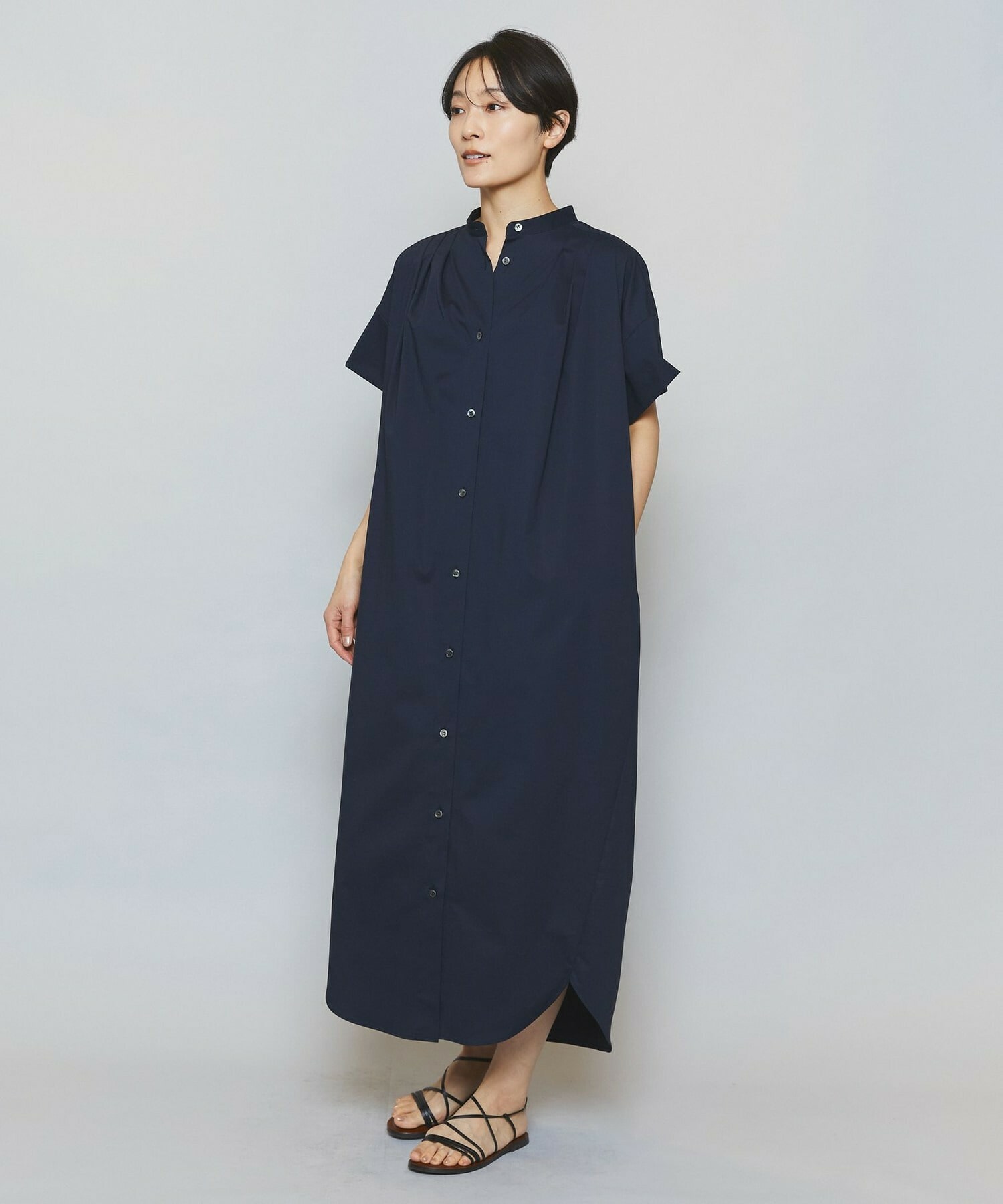 【MOGA】【Lサイズ】ストレッチタイプライタースタンドカラーロングワンピース 詳細画像 ネイビー 2