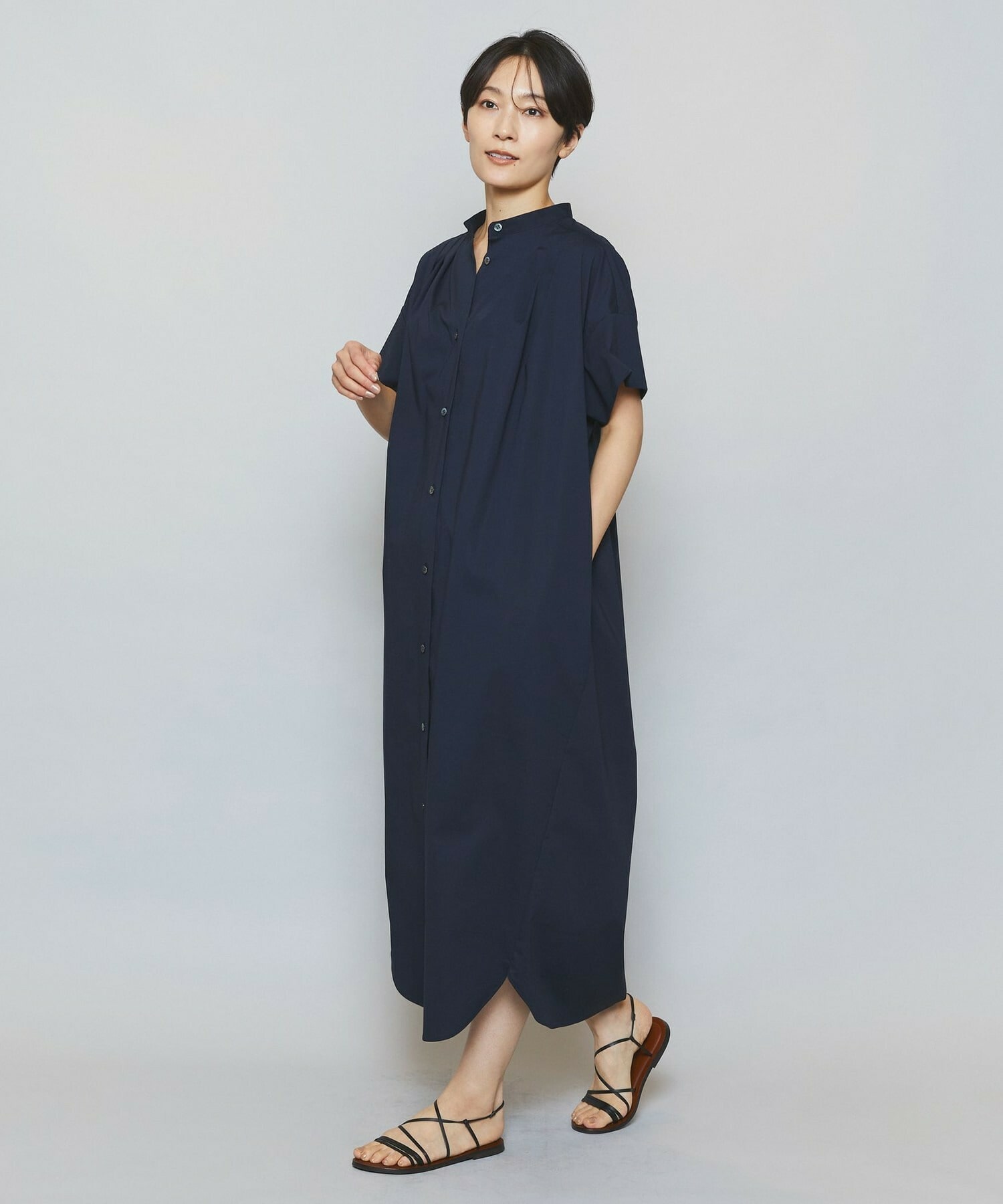 【MOGA】【Lサイズ】ストレッチタイプライタースタンドカラーロングワンピース 詳細画像 ネイビー 3