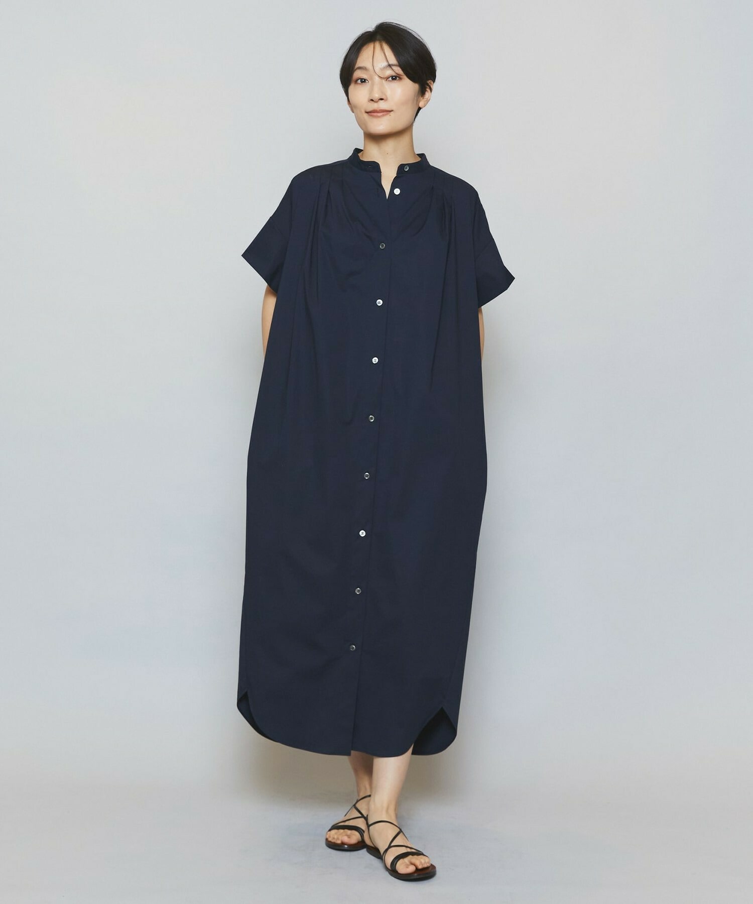 【MOGA】【Lサイズ】ストレッチタイプライタースタンドカラーロングワンピース 詳細画像 ネイビー 3