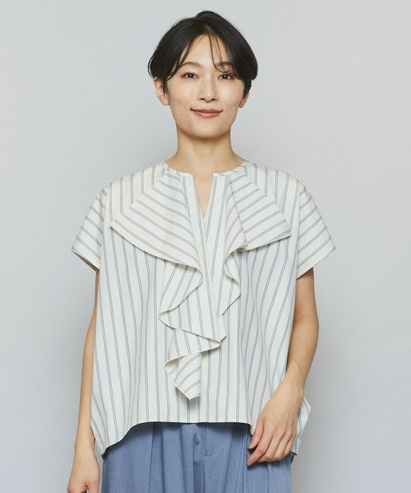 【Lサイズ】ミディアムストライプカスケードフリルブラウス 詳細画像 オフホワイト 2